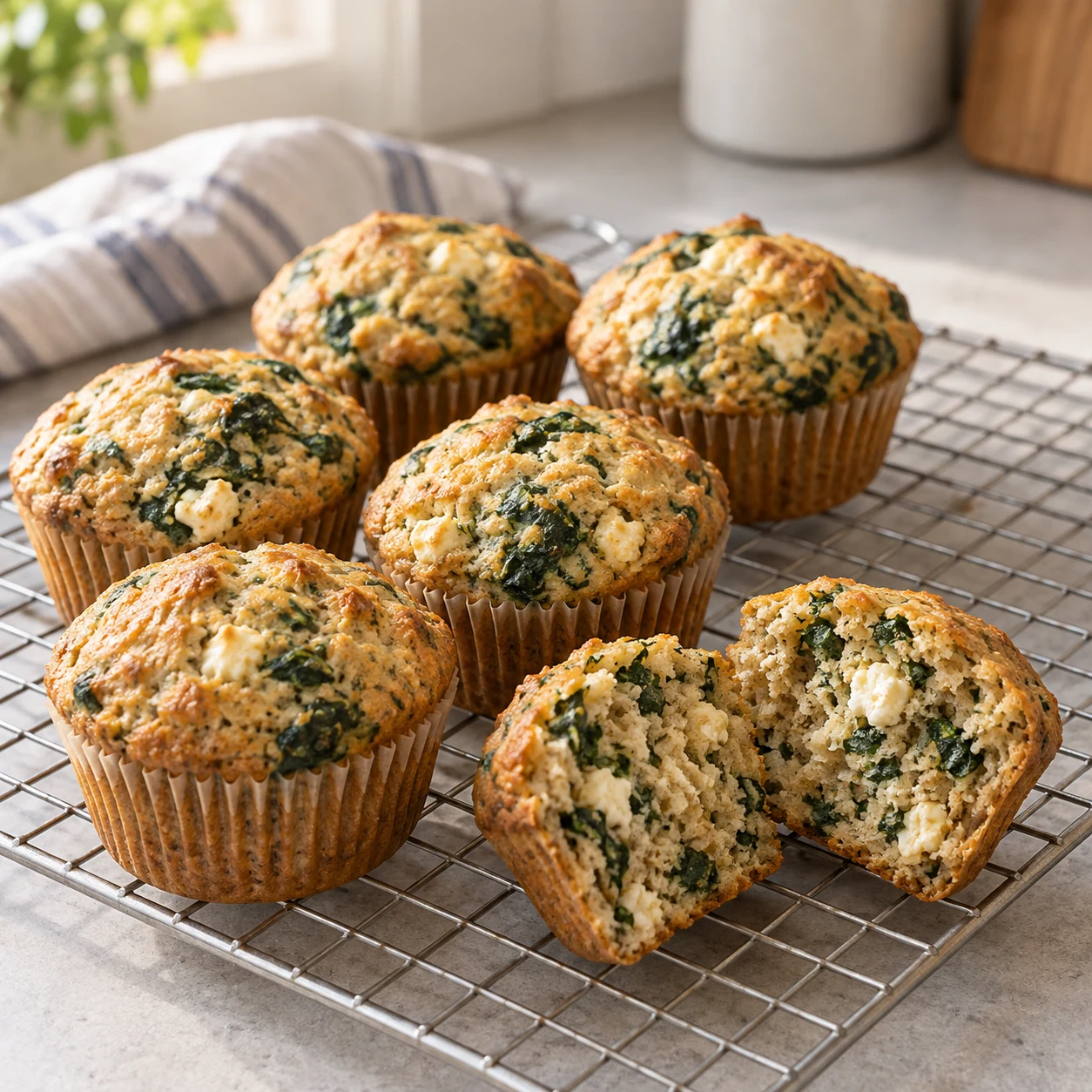 Whole-grain spinach and feta muffins, with one split to show the ingredients baked into the crumb.