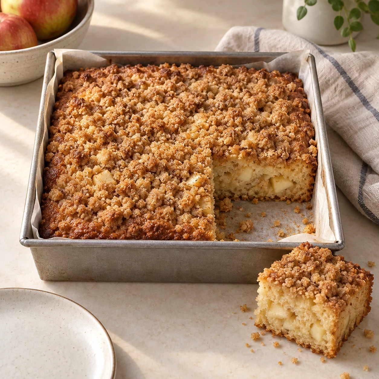 Apple cake with cinnamon streusel in a square pan.