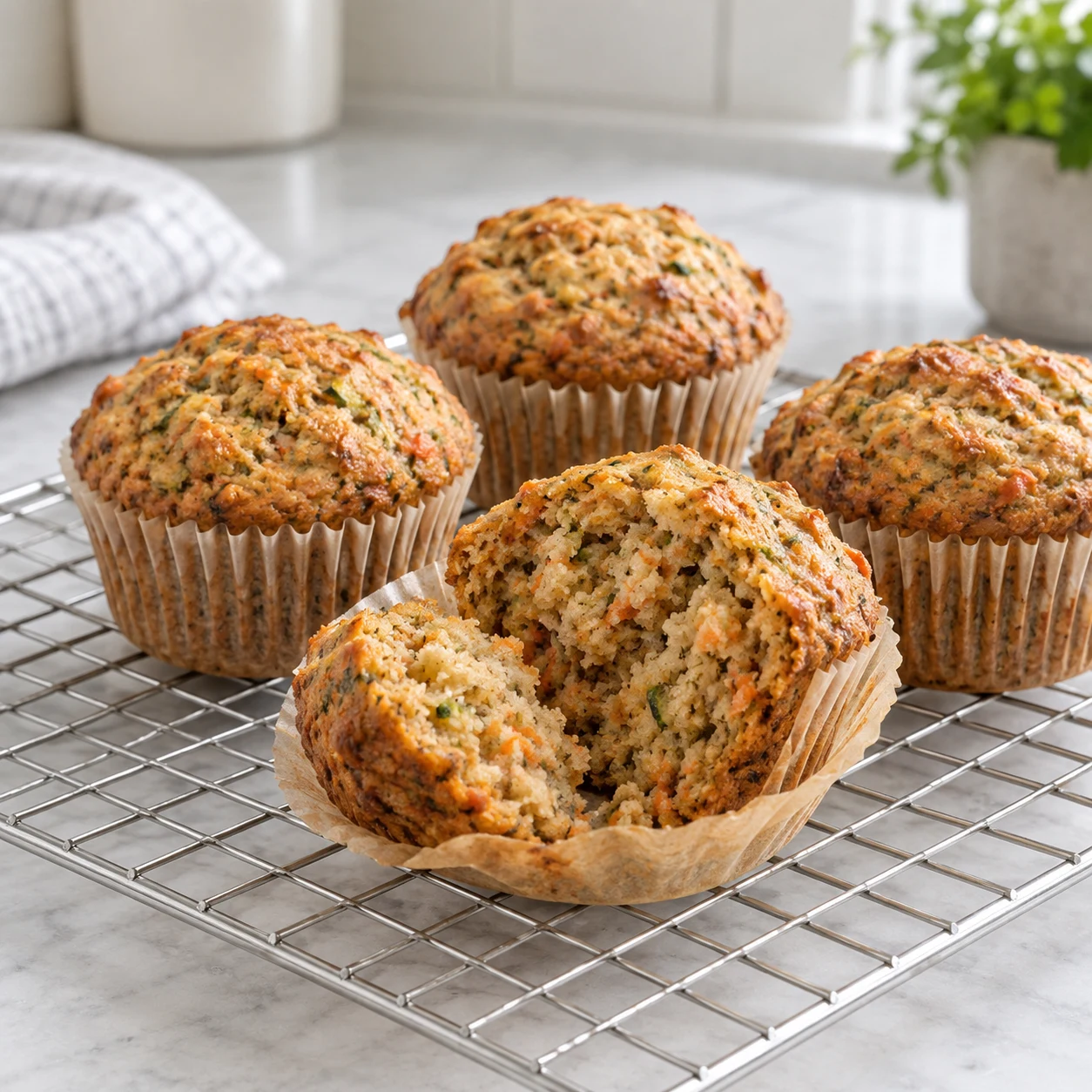 Carrot and zucchini muffins cooling on a wire rack.