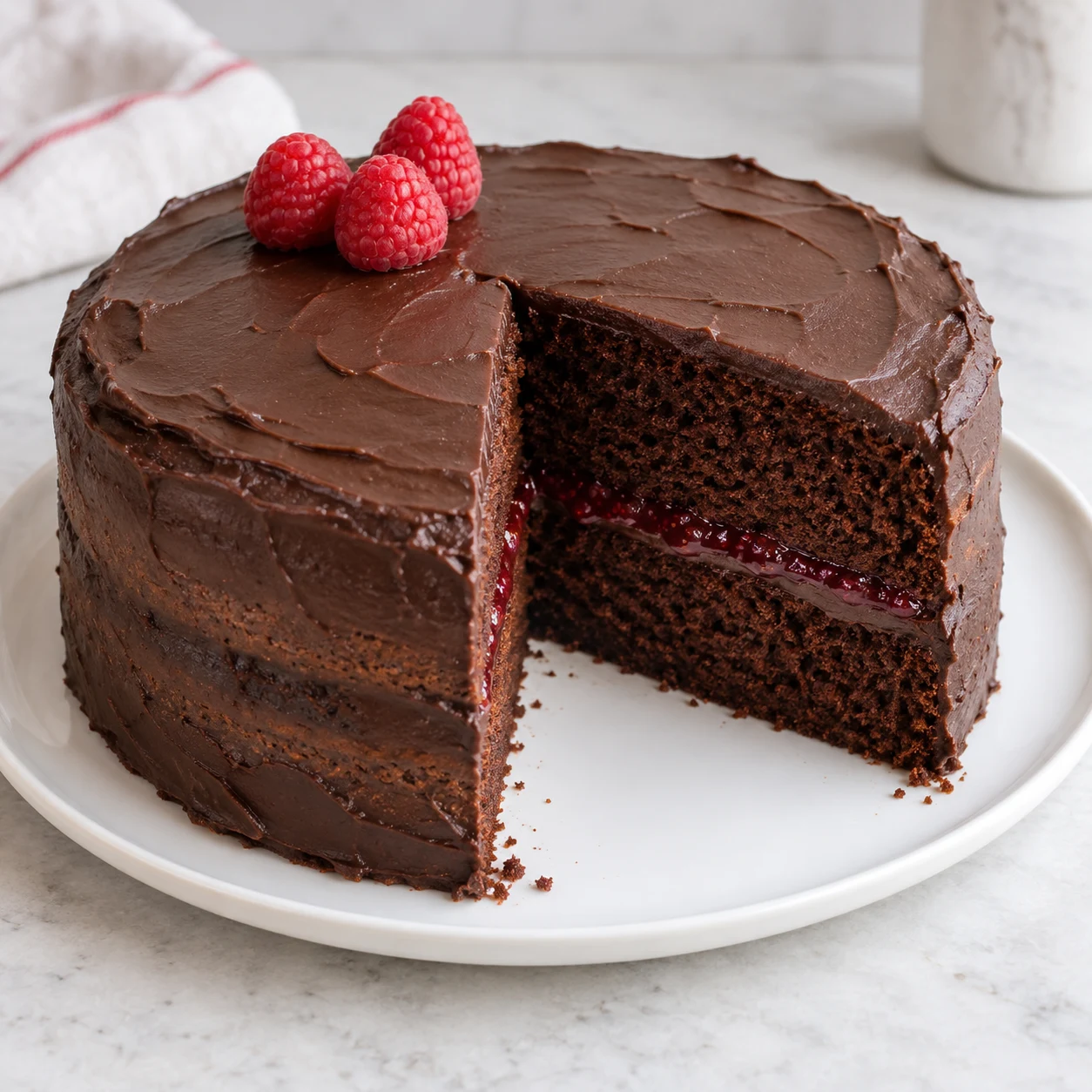 Two-layer chocolate raspberry cake with a thin ganache coating.