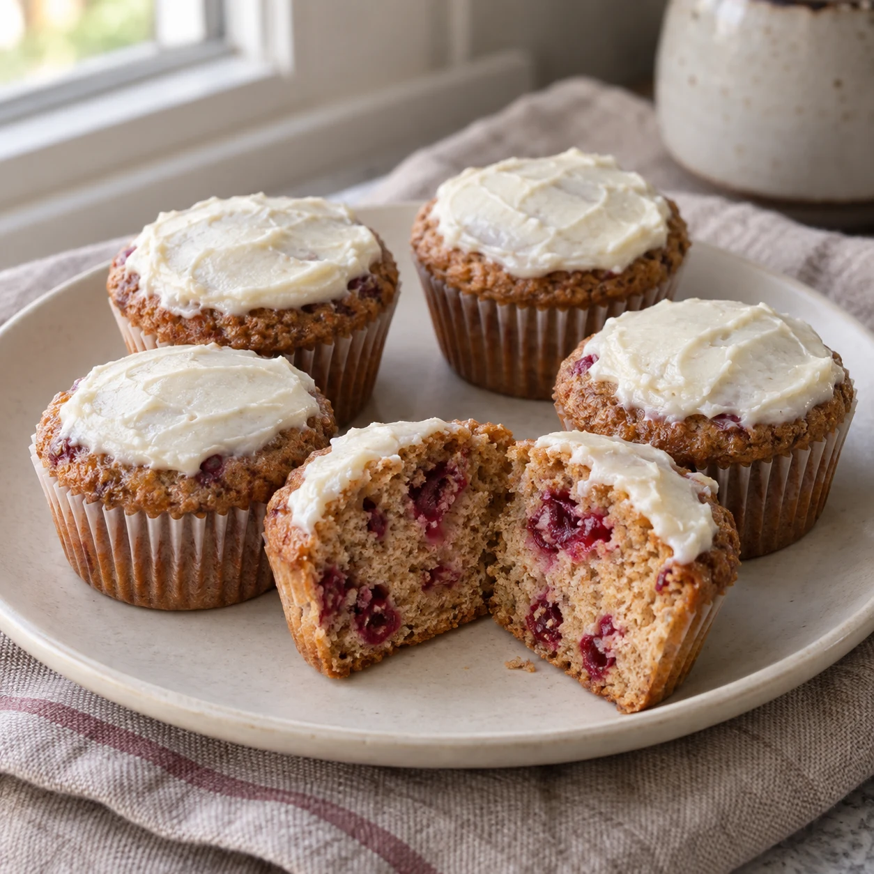 Winter spice cranberry cupcakes with thin cream cheese frosting.
