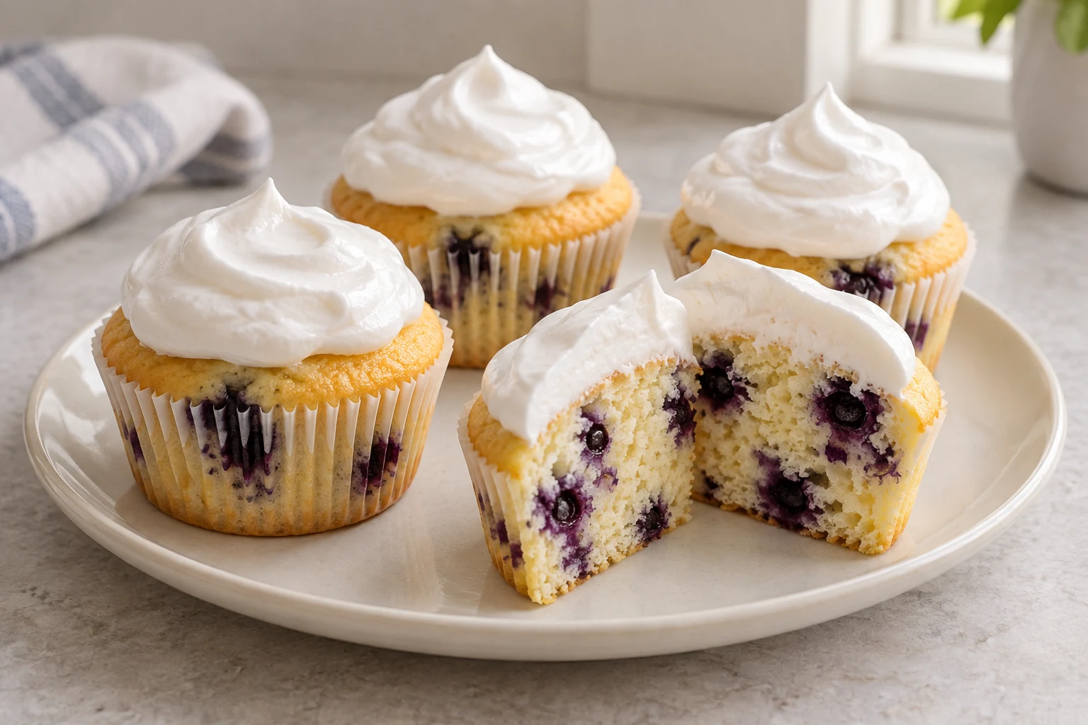 Lemon blueberry cupcakes with spooned white aquafaba topping, one cut to show blueberries in the crumb.
