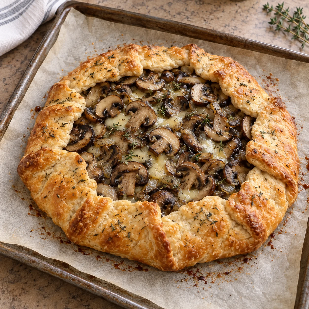 Mushroom and cheese galette with a folded herb pastry border.