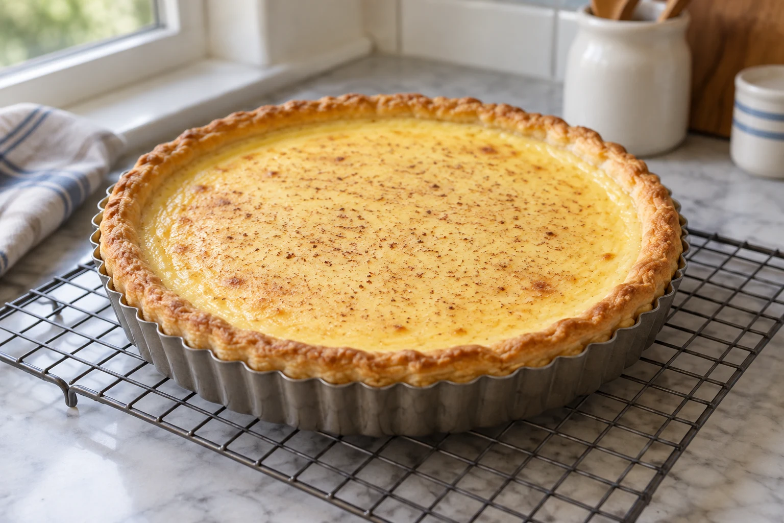 Open puff-pastry custard tart dusted with nutmeg, supported in its tin.