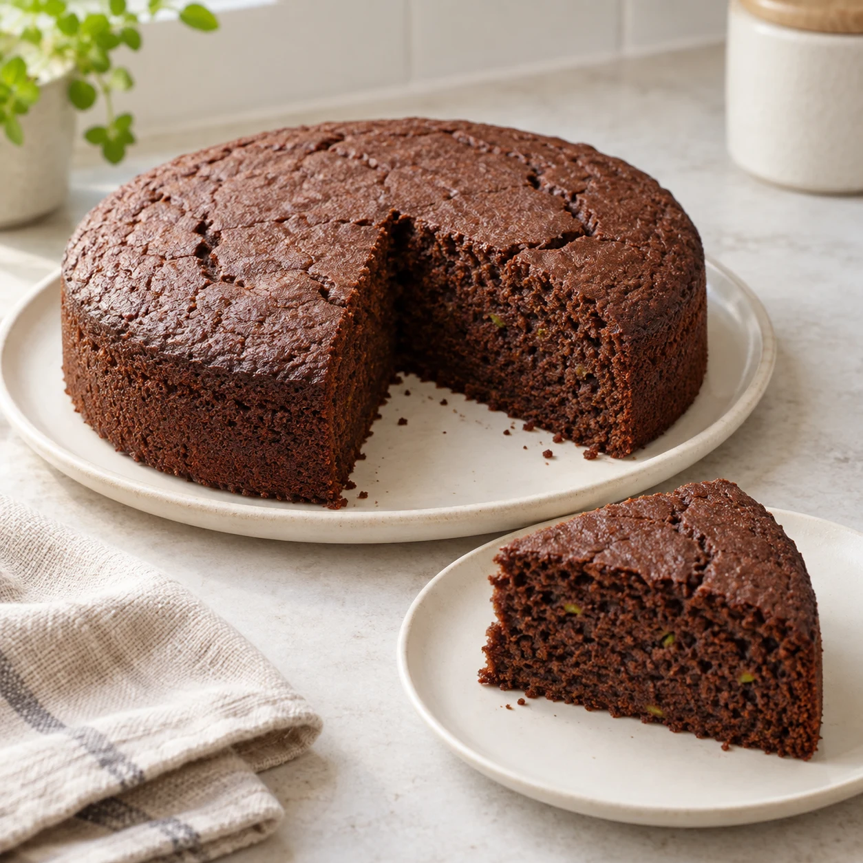 Plain round chocolate zucchini cake with a slice beside it.