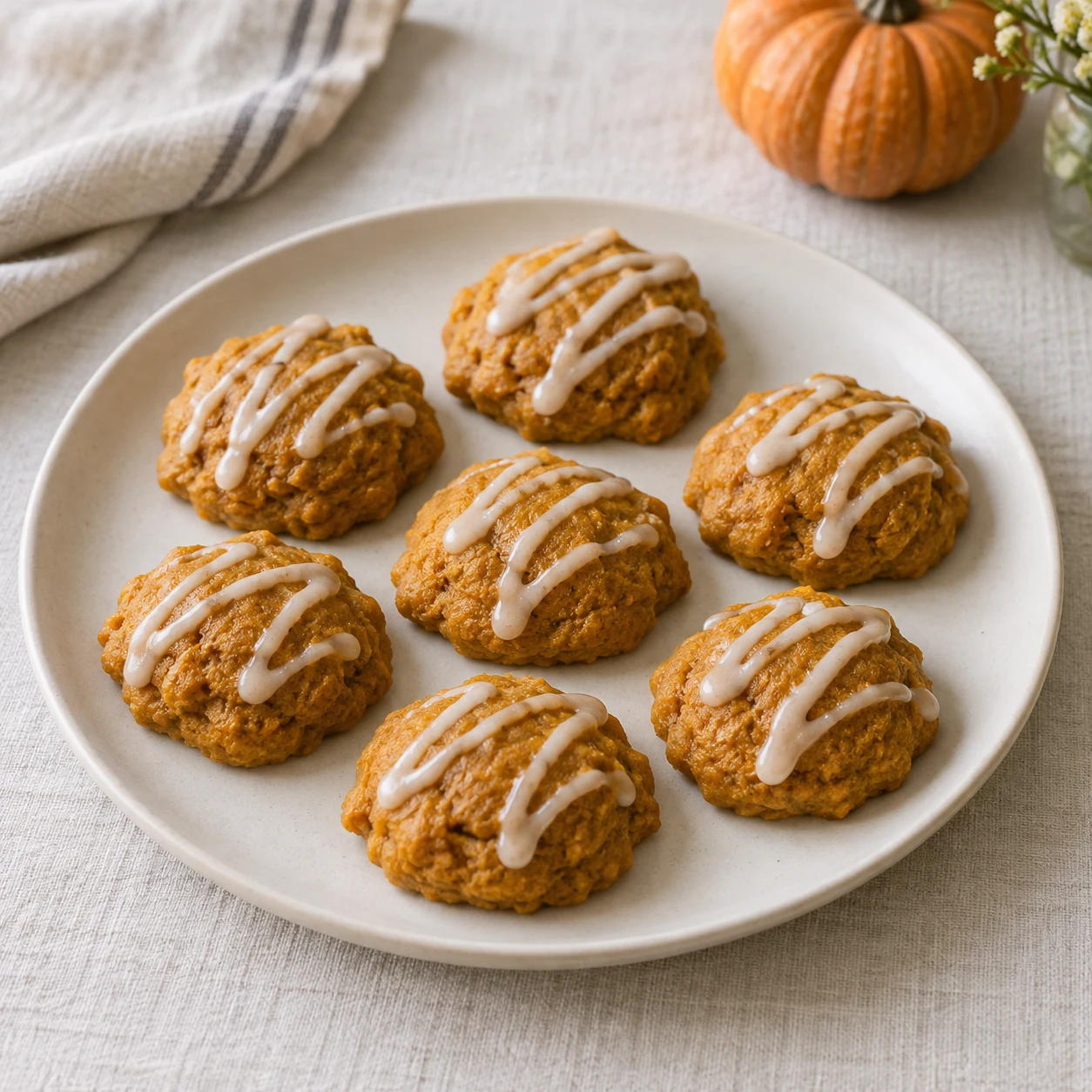 Soft pumpkin drop cookies with pale maple glaze drizzled across their tops.