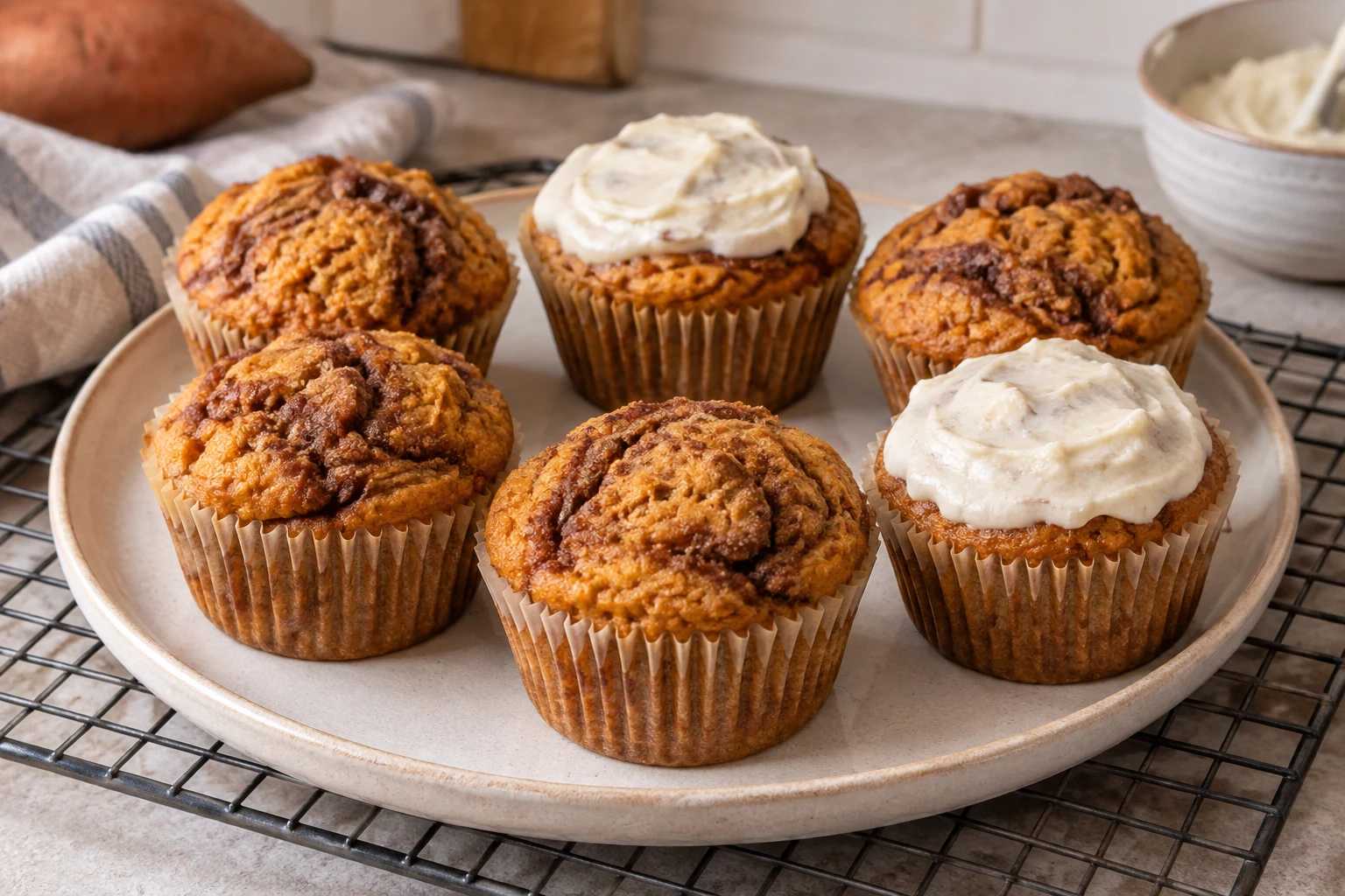 Sweet potato muffins with cinnamon marbling, two with softly spread cream-cheese topping.