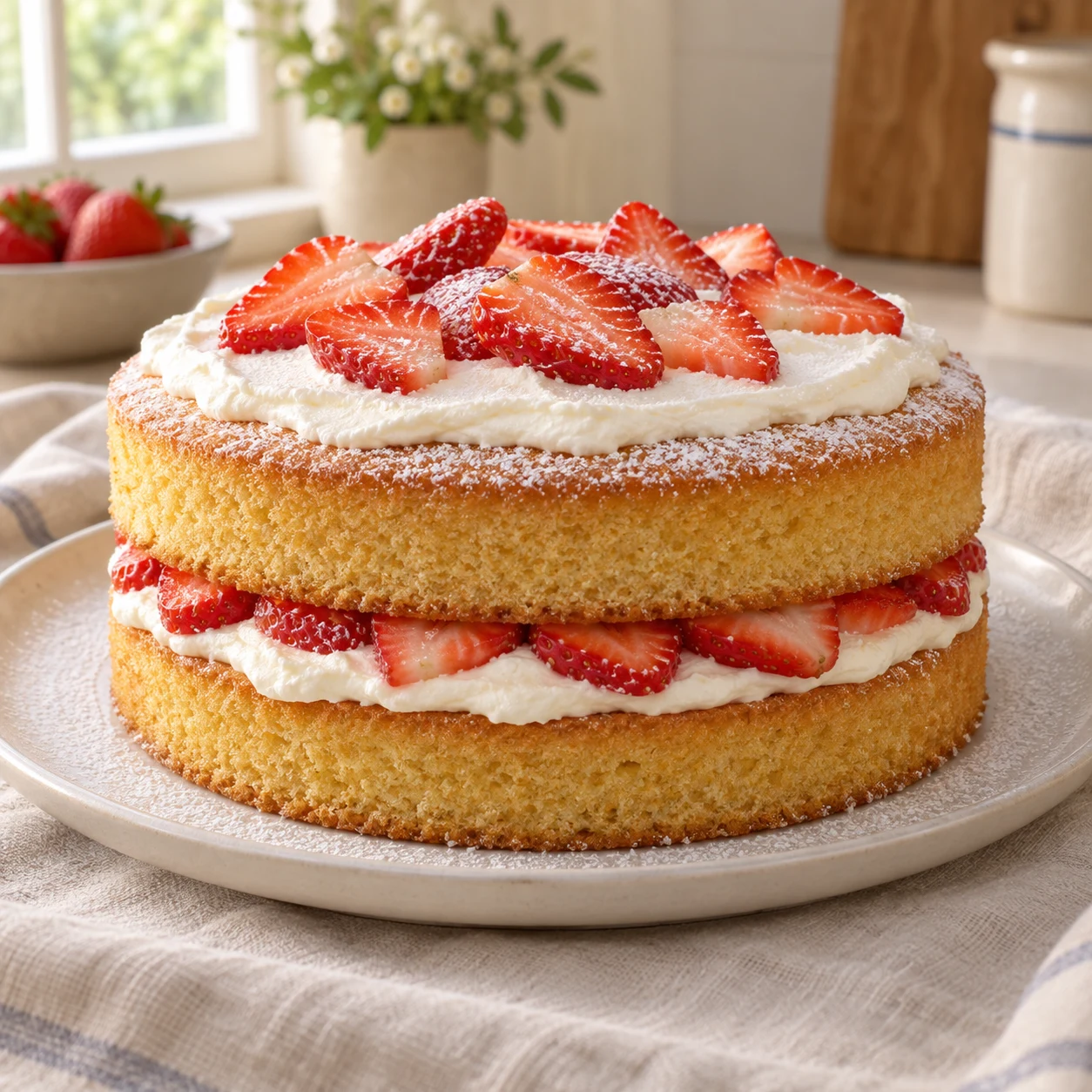 British Victoria Sponge Cake Recipe with Whipped Cream & Fresh Strawberries
