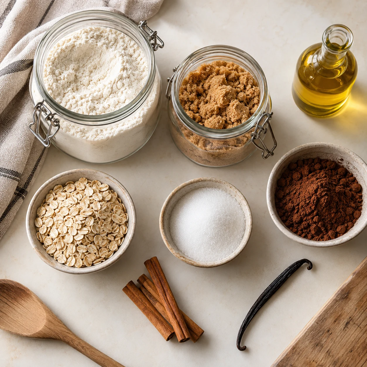 Flour, brown sugar, oats, granulated sugar, cocoa, oil, cinnamon and vanilla arranged on a cream tabletop.