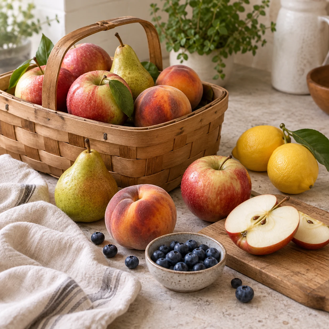 Apples, pears, peaches, blueberries and lemons arranged beside a basket on a kitchen counter.