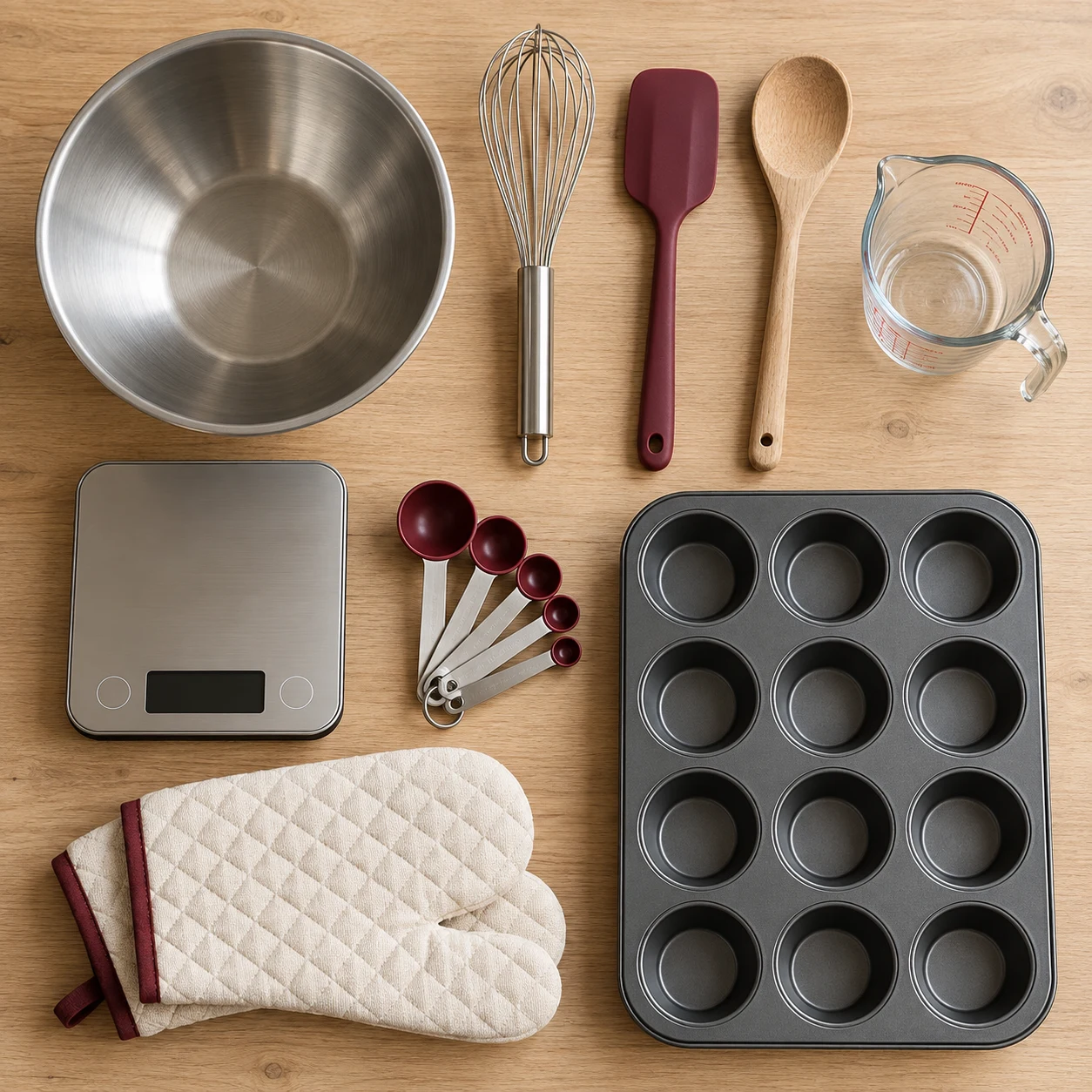 Mixing bowl, whisk, spatula, scale, measuring tools, muffin tin and oven gloves arranged on a wooden worktop.