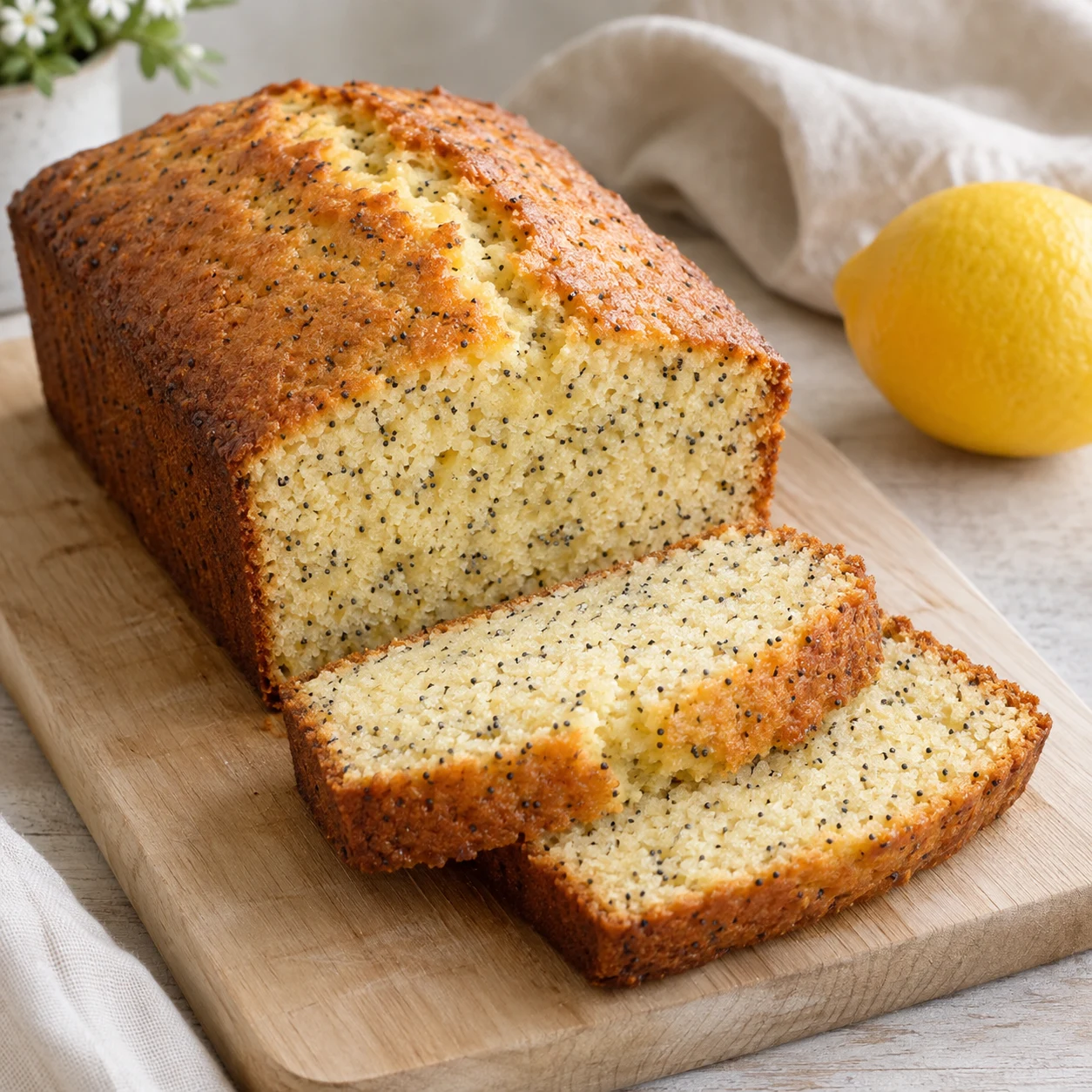 Sliced lemon poppy seed loaf on a wooden board beside a lemon.