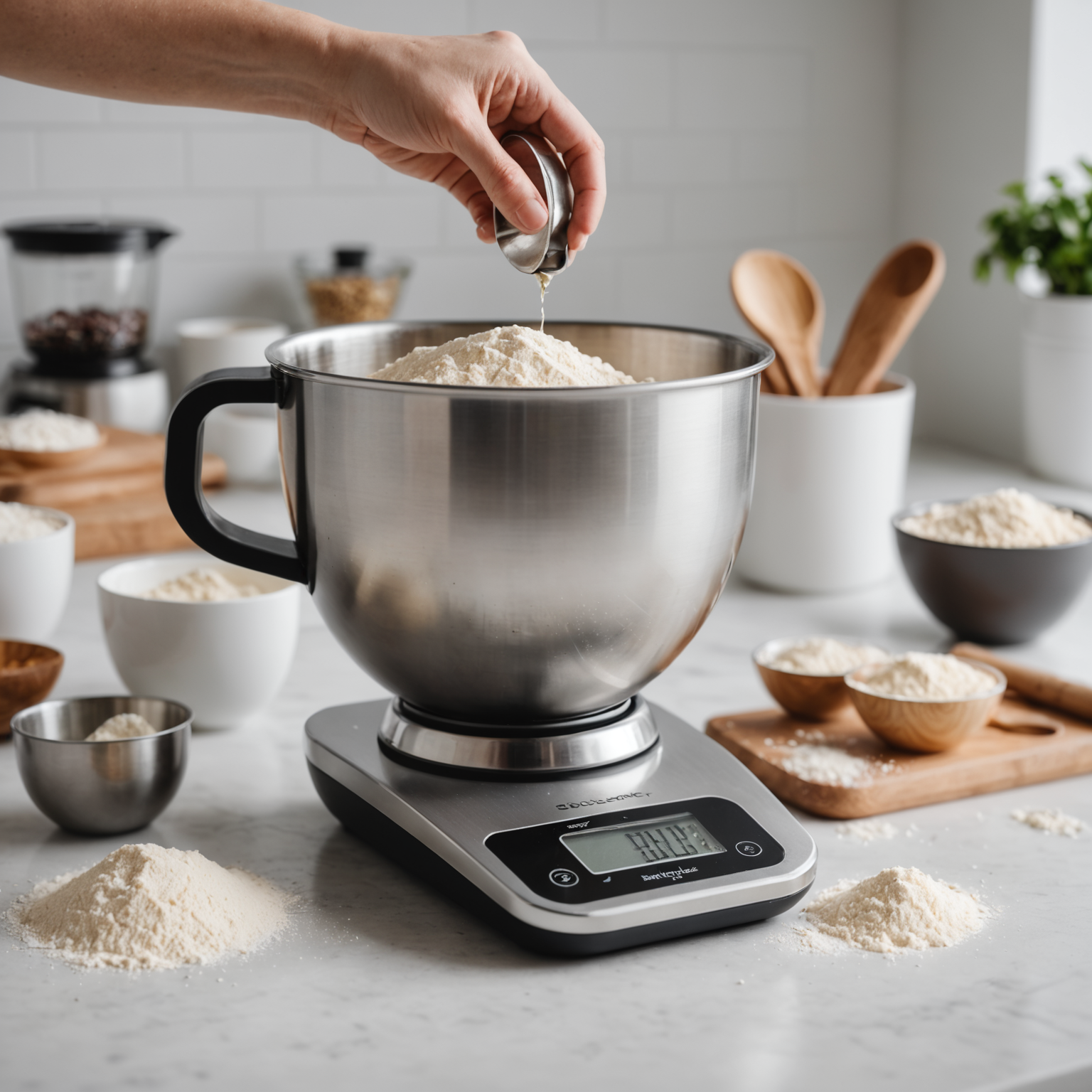 Close-up of a digital kitchen scale measuring flour with measuring cups and stainless steel mixing bowl on a bright kitchen counter.
