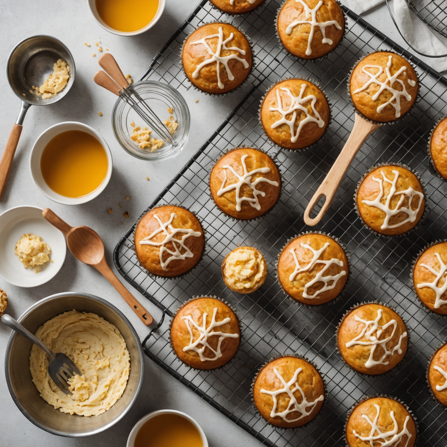Top-down photo of silicone spatulas, balloon whisk, mixing bowls, and cooling rack with freshly baked golden muffins in a warm, inviting kitchen setting.