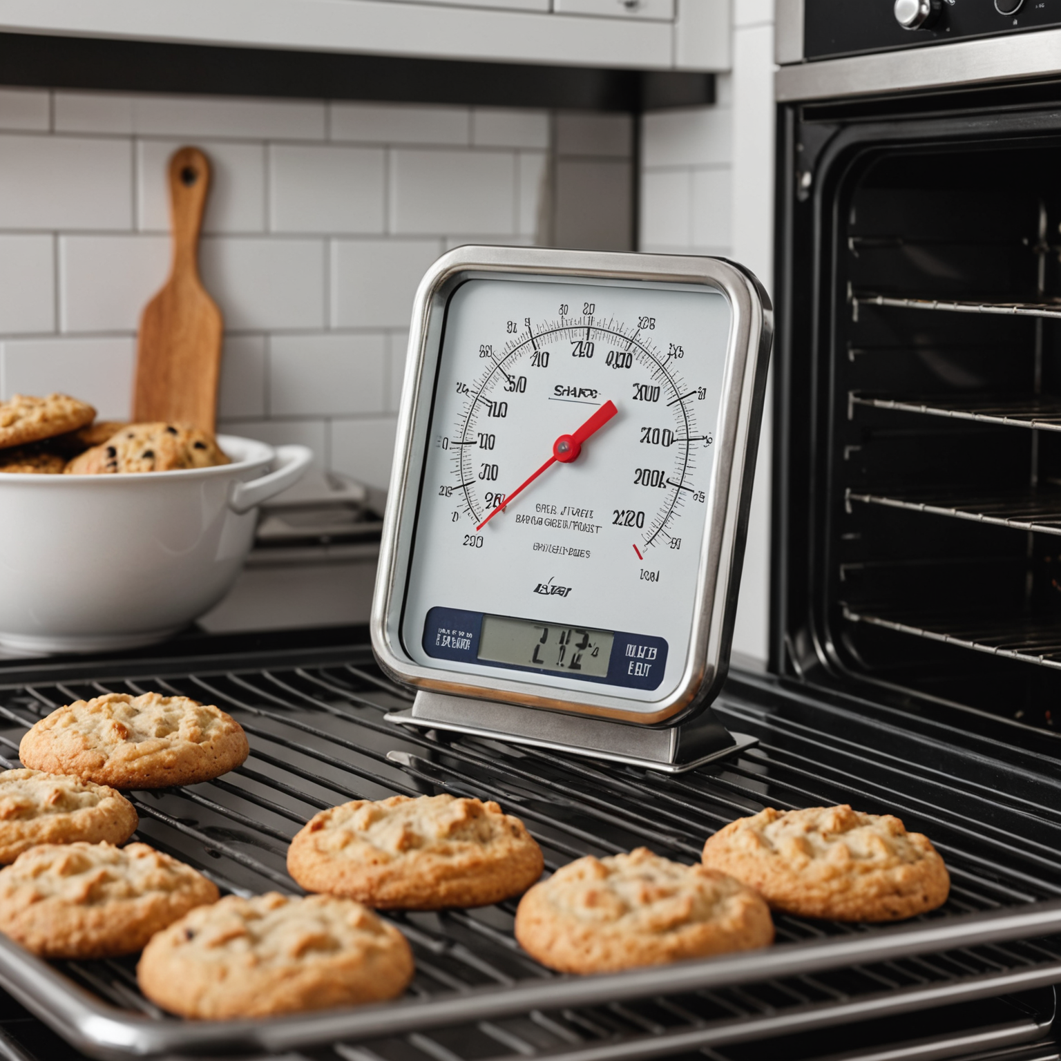 Close-up of an oven thermometer inside a clean modern oven with a baking sheet and cooling rack with cookies nearby, illustrating accurate baking temperature control.