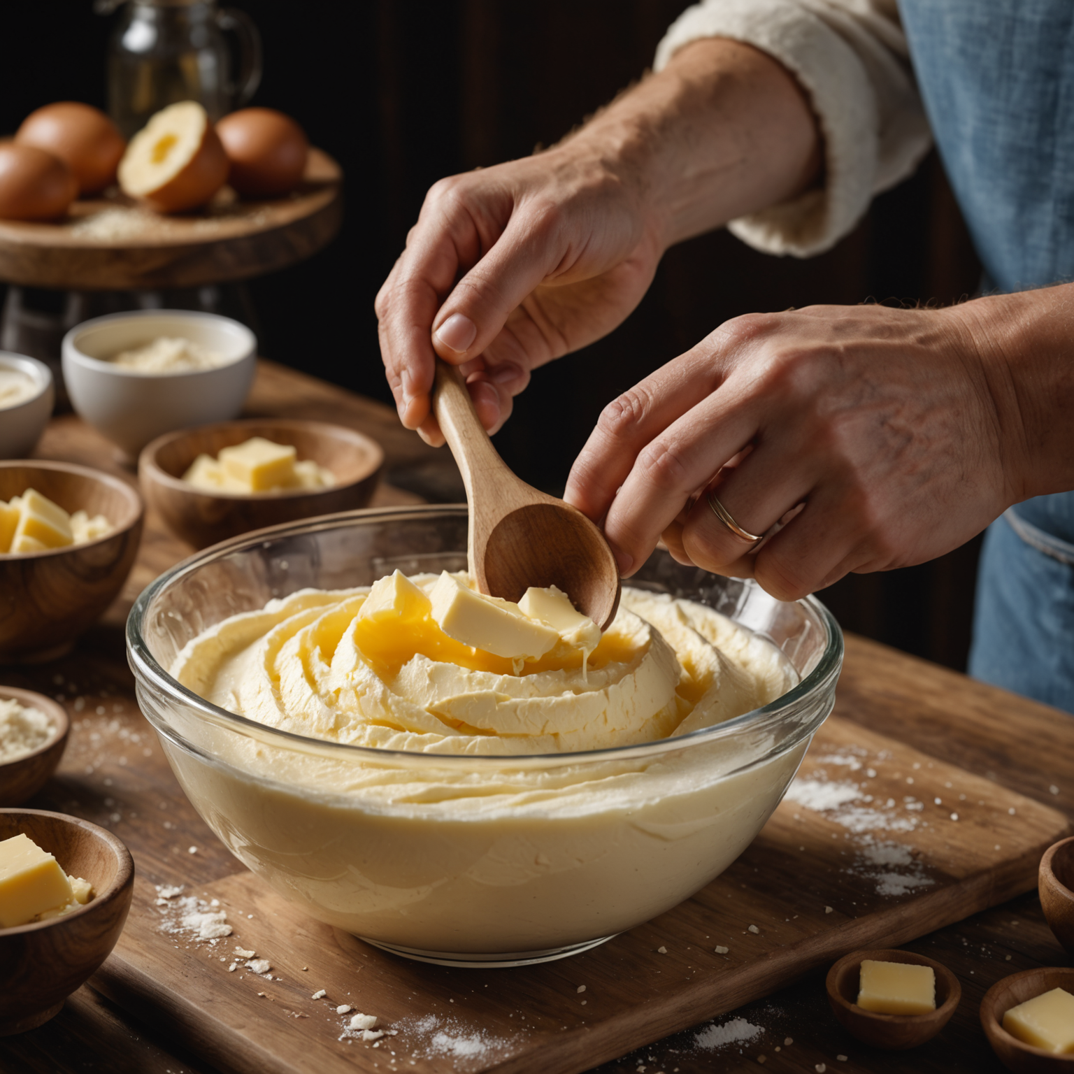 Close-up of hands creaming butter and sugar in a glass bowl demonstrating mixing technique