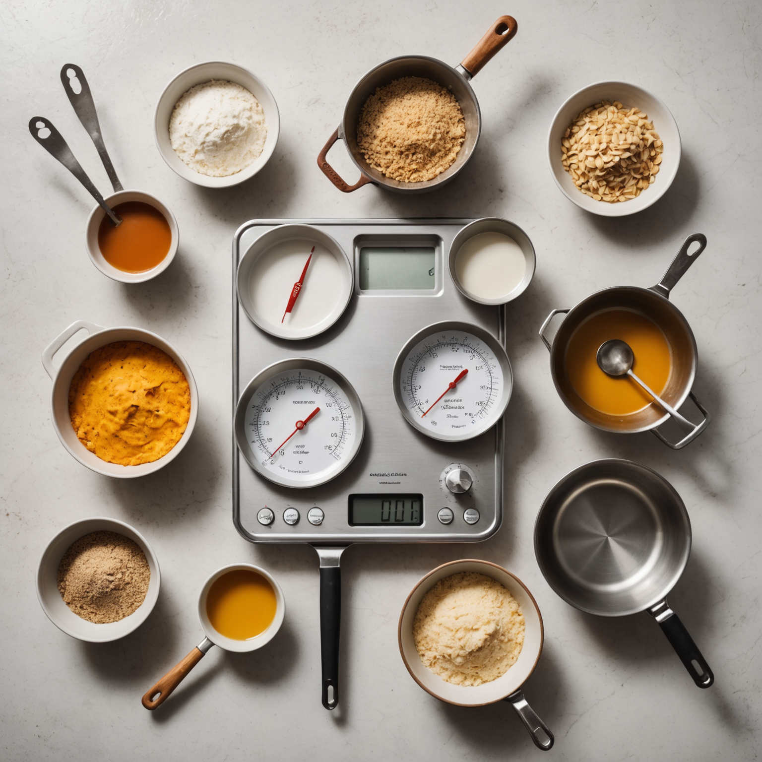 Overhead view of baking tools including oven thermometer, measuring spoons, bowls, and timer on kitchen counter