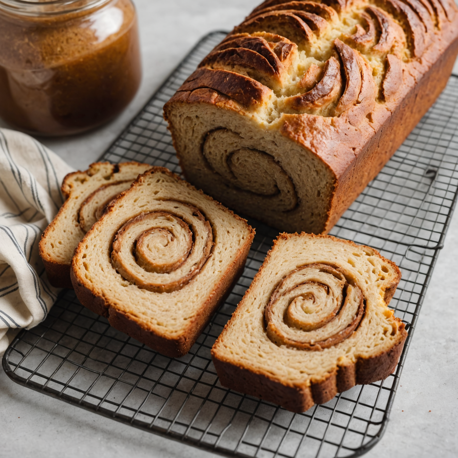 Freshly baked golden cinnamon swirl quick bread cooling on a wire rack