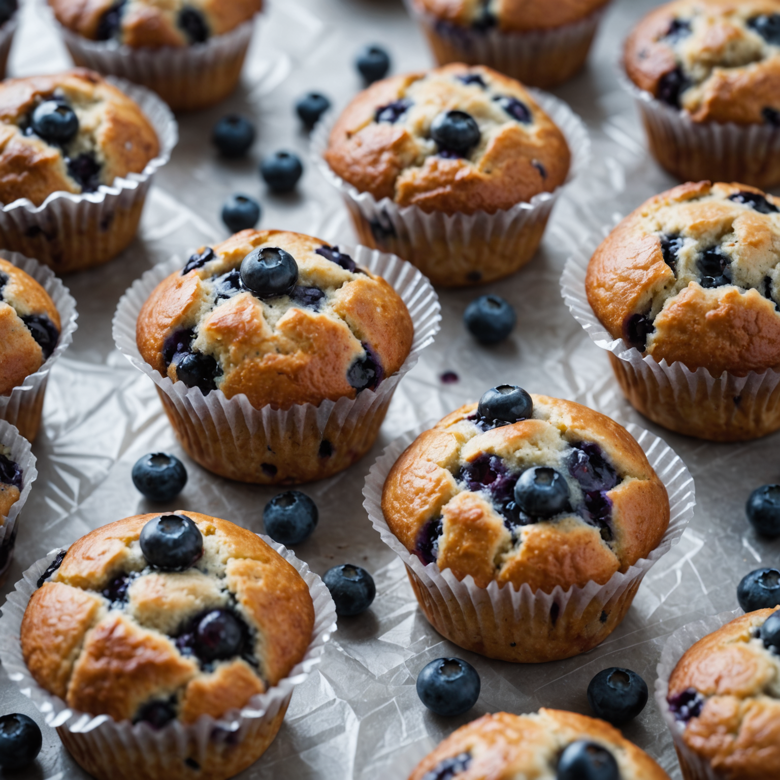 Close-up of freshly baked blueberry muffins individually wrapped and laid out on a baking sheet ready for freezing.