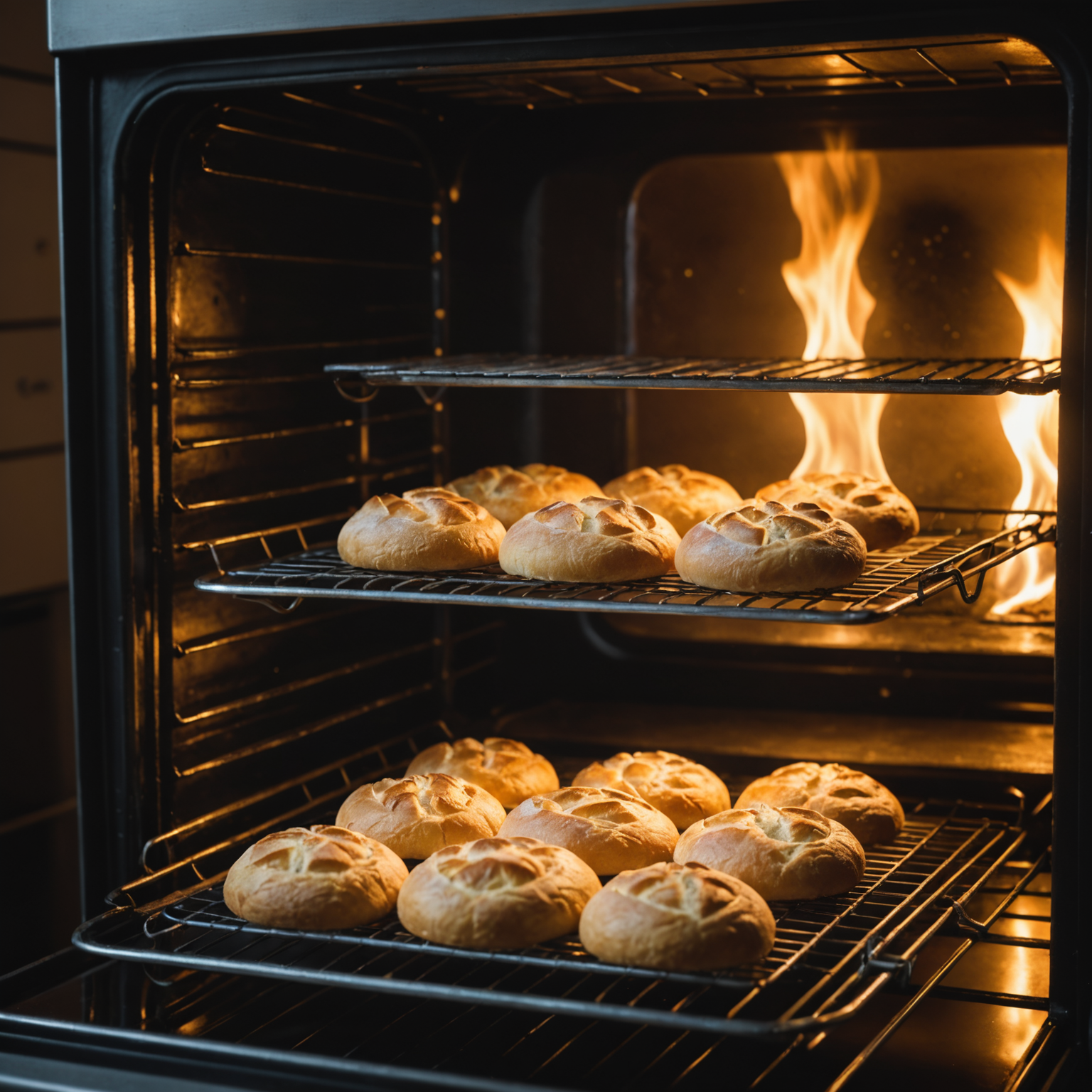 Warm oven interior with baked goods, such as bread and cookies, reheating on a wire rack with glowing oven light.