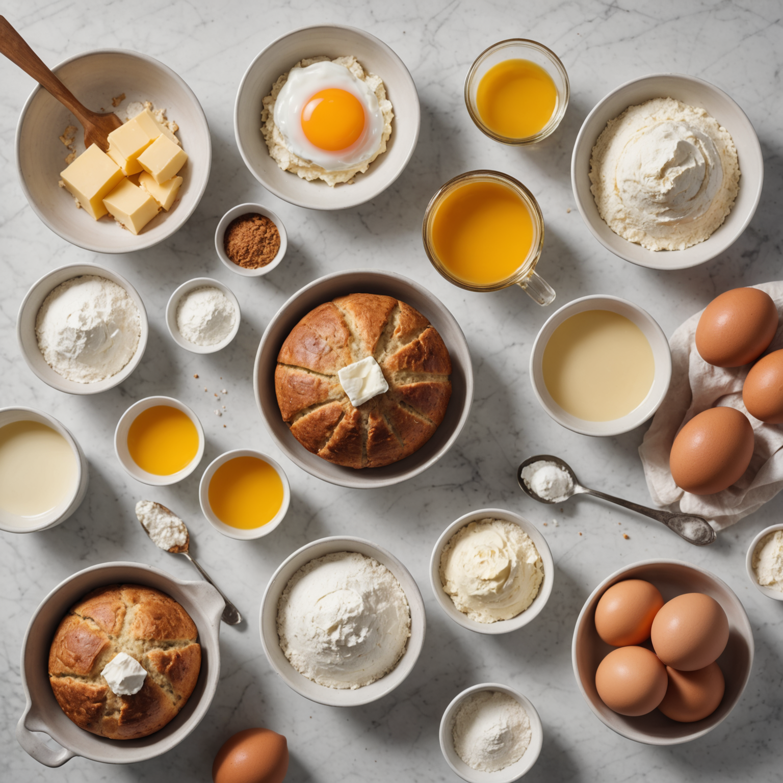 Flat lay of fresh ingredients including flour, sugar, baking powder, eggs, buttermilk, and butter arranged neatly on a white marble countertop with measuring spoons and a whisk.