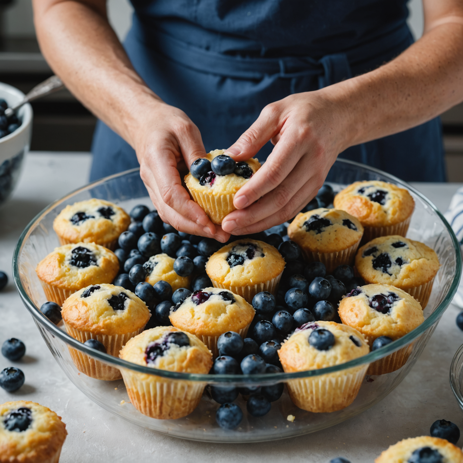 Close-up of a baker folding fresh blueberries gently into pale yellow muffin batter in a glass bowl, emphasizing careful mixing technique.