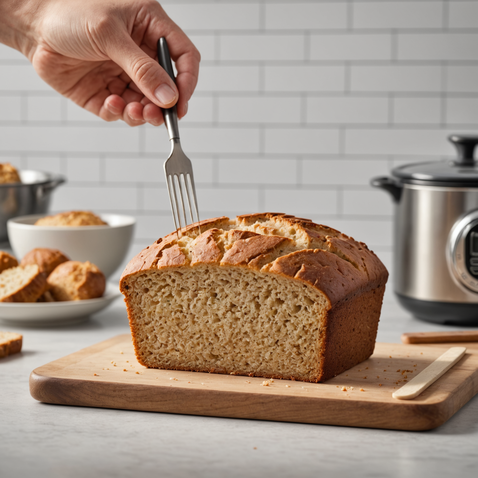 A slice of moist quick bread being checked for doneness with a toothpick inside a bright kitchen, demonstrating perfect baking technique.