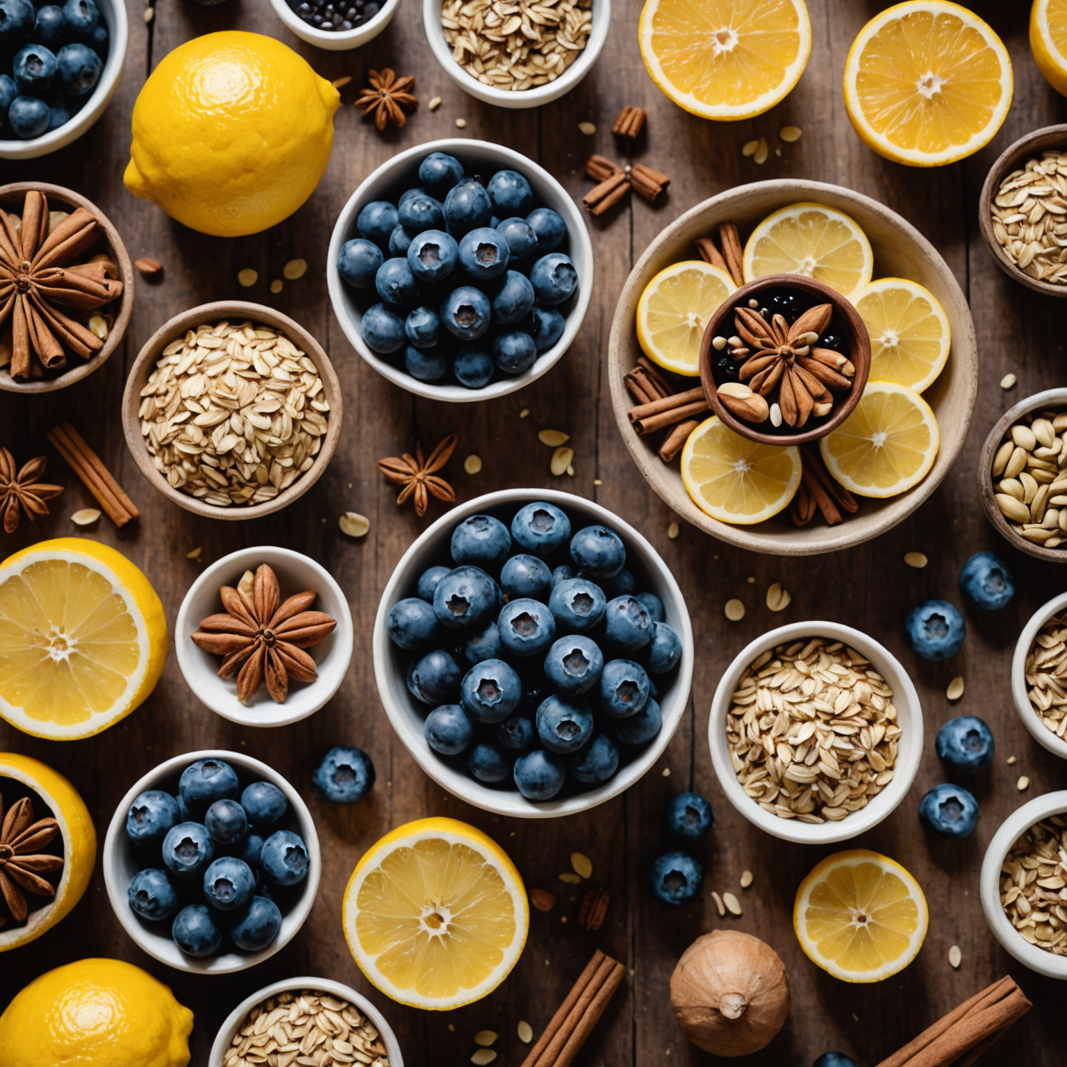 Close-up of fresh baking ingredients including blueberries, lemon zest, cinnamon sticks, nuts, and oats beautifully displayed on a wooden surface, illustrating key flavor pairing components.