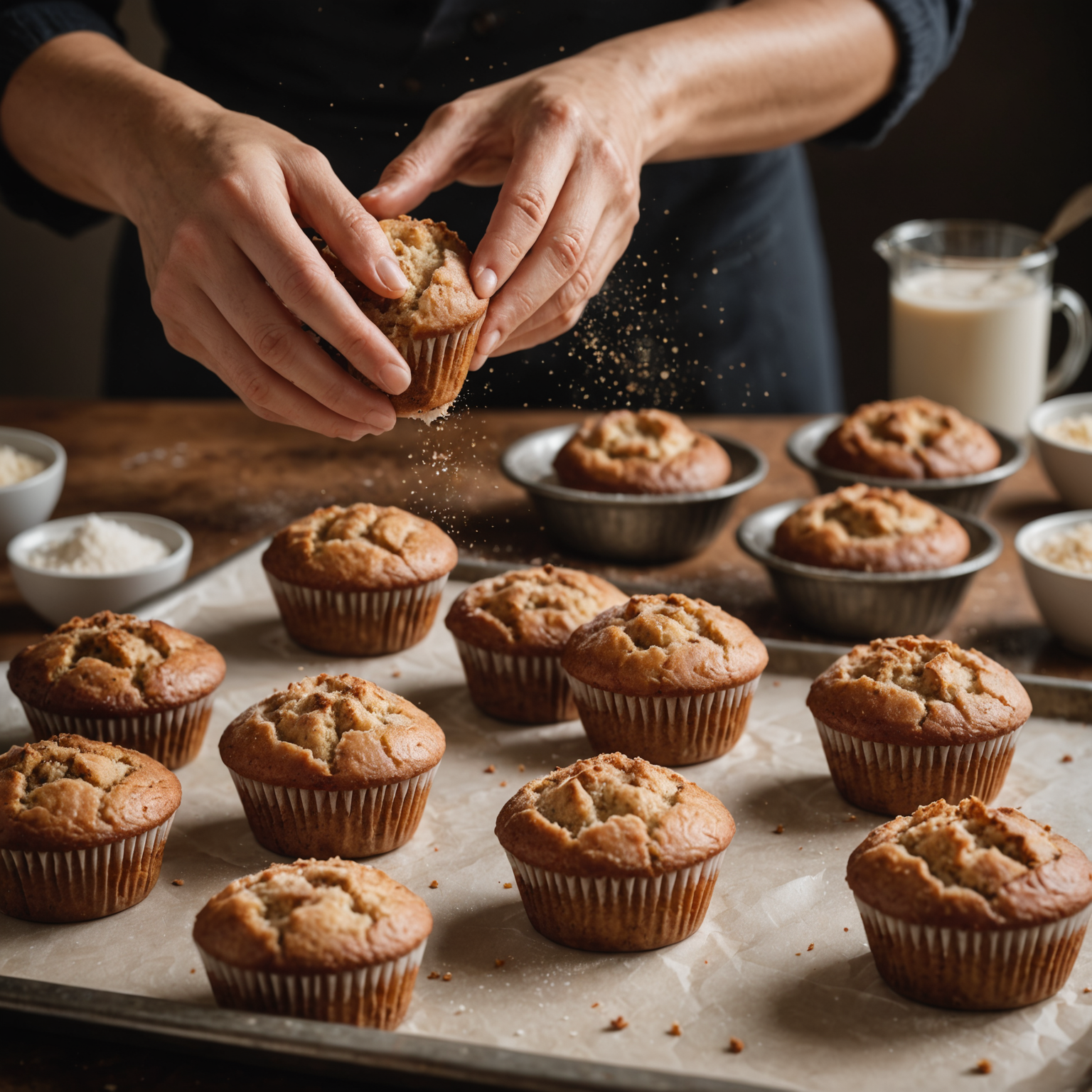 Baker's hand sprinkling cinnamon sugar and sea salt over fresh muffins on a tray, illustrating contrasting flavor pairing in homemade baked goods.