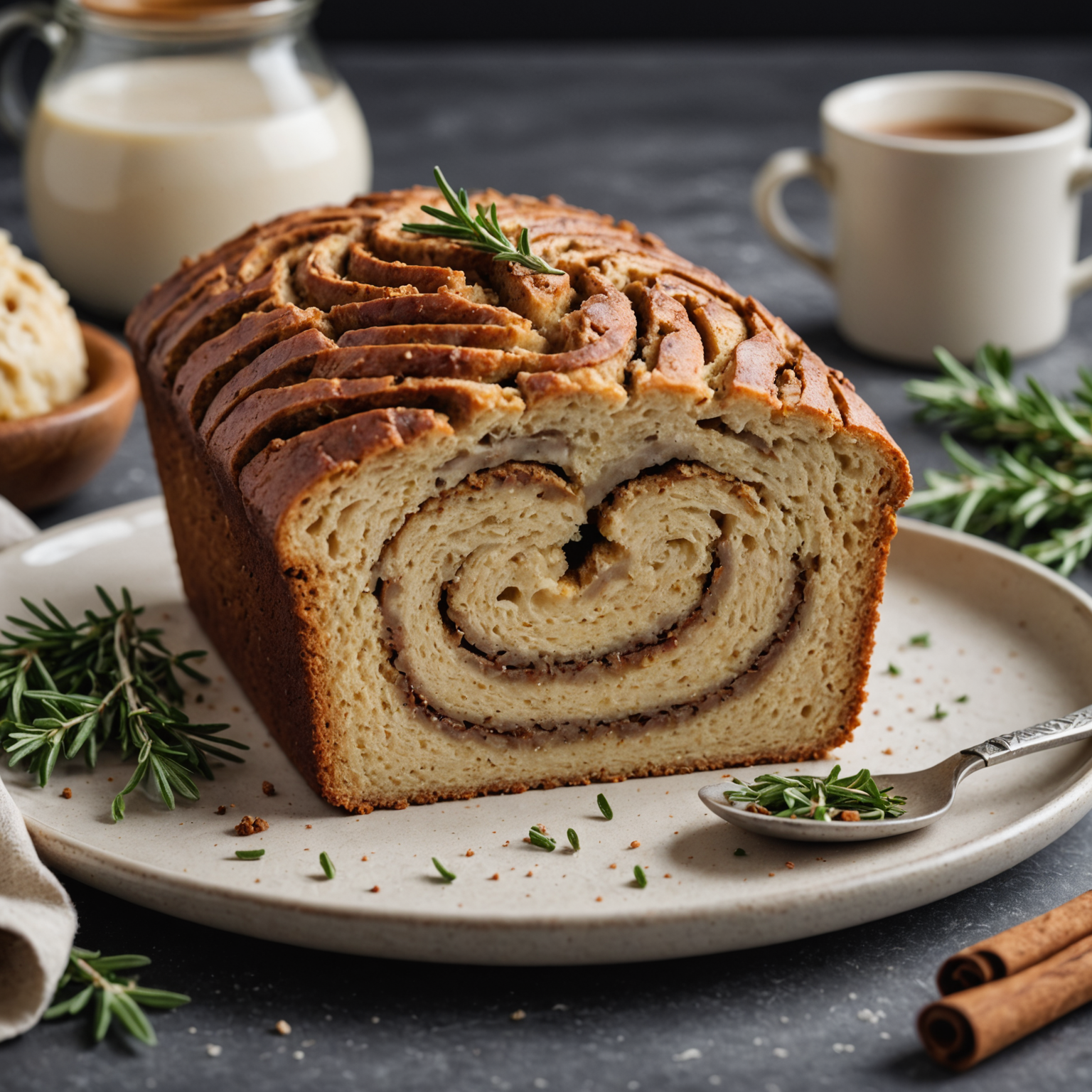 Close-up of a slice of cinnamon swirl quick bread with glaze on a ceramic plate, accompanied by fresh rosemary and thyme, showcasing experimental flavor and texture pairing.