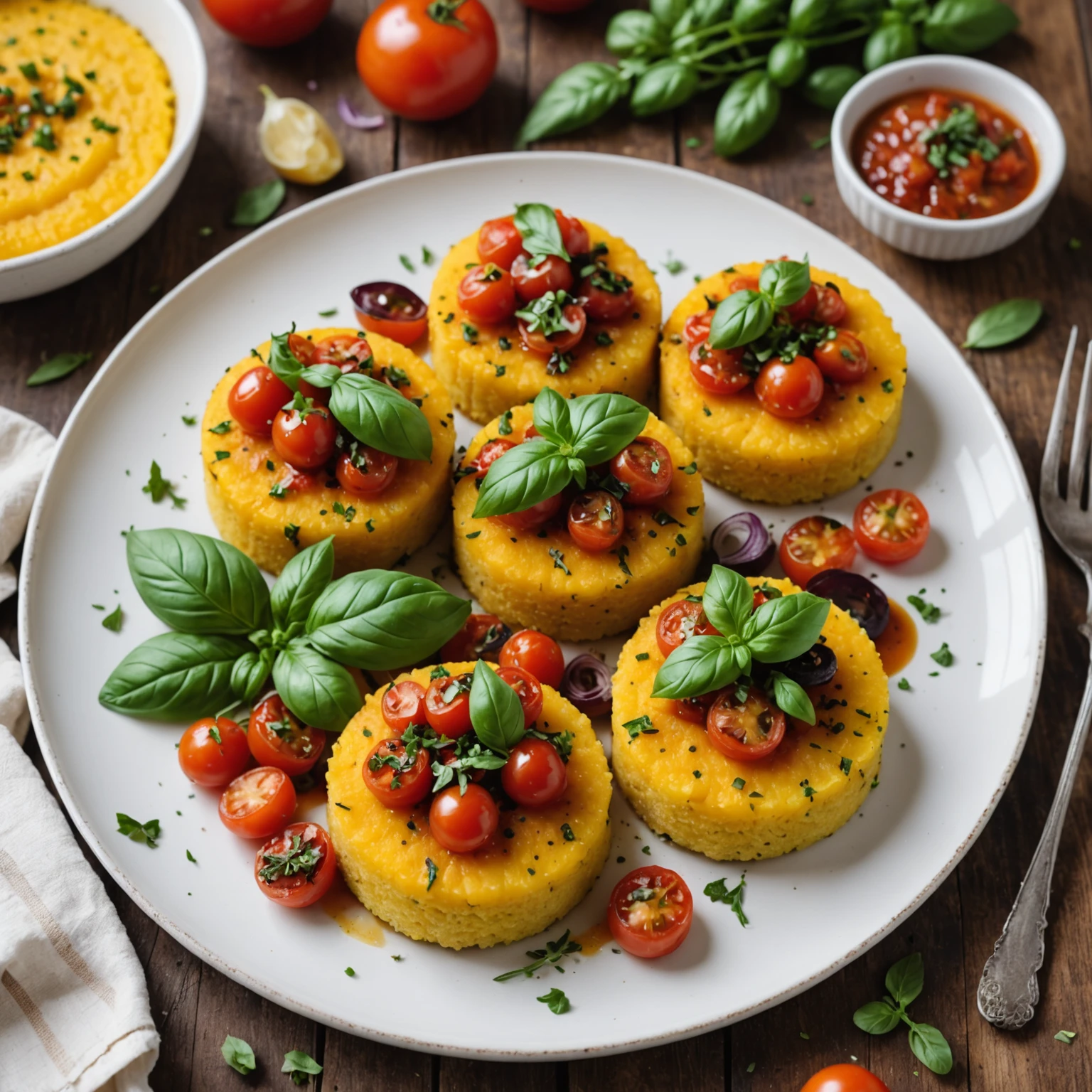 Savory Herbed Gluten-Free Polenta Cakes with Roasted Tomato Salsa Recipe