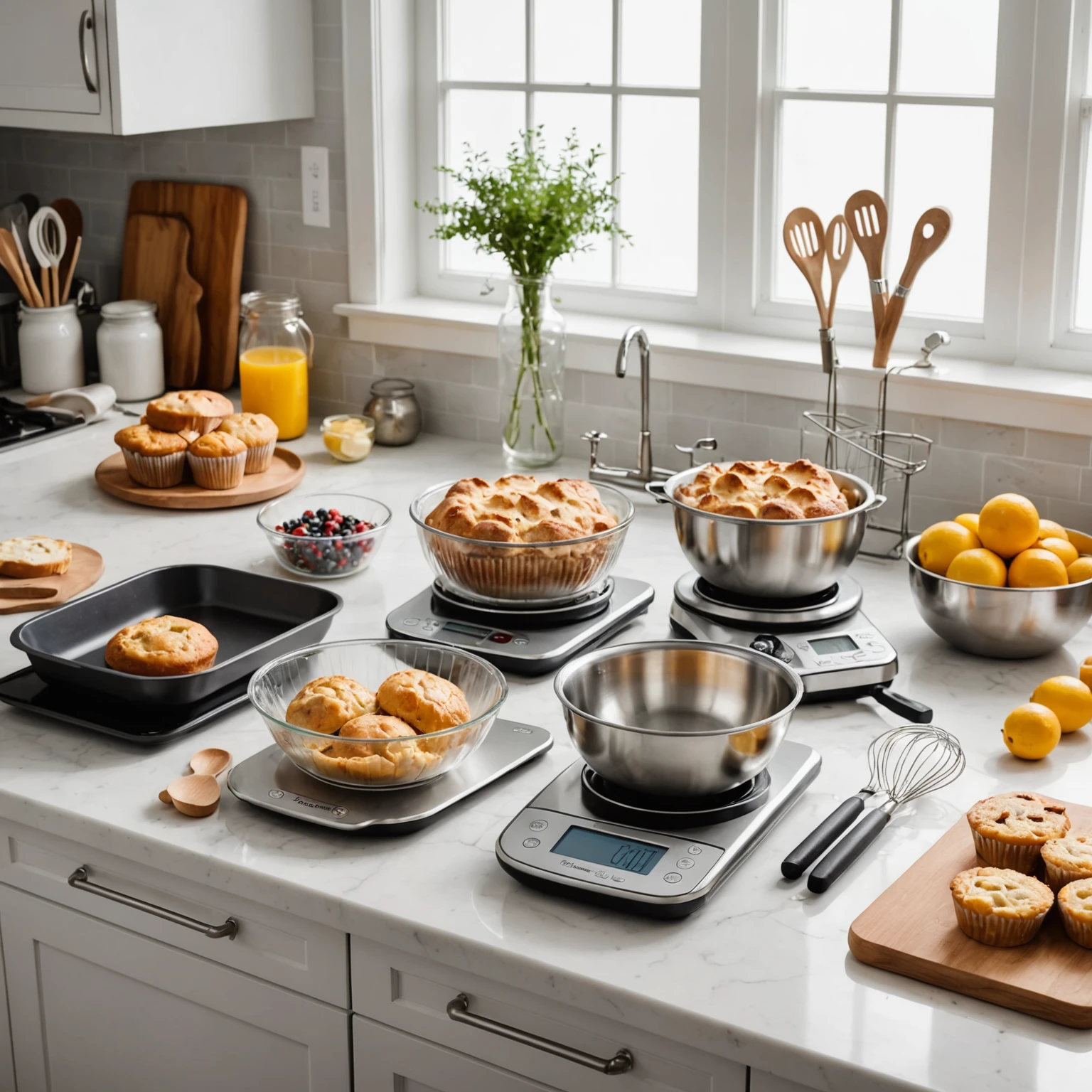 An elegant arrangement of essential beginner baking tools including a kitchen scale, mixing bowls, spatulas, whisk, bakeware, oven thermometer, and cooling racks on a clean kitchen countertop with natural light.