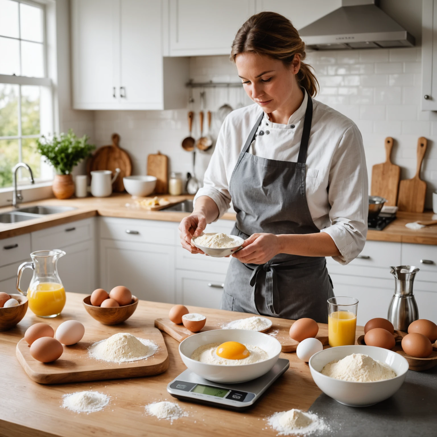 Beginner baker accurately measuring flour on a digital kitchen scale in a bright, modern kitchen