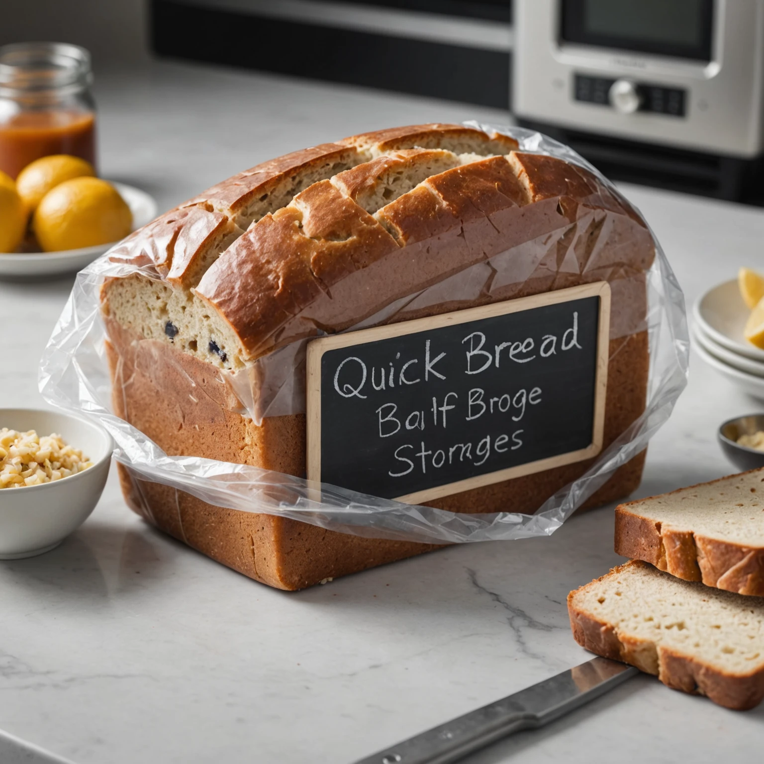 Sliced quick bread wrapped in plastic inside a labeled freezer bag with a chalkboard sign showing storage and thawing tips.