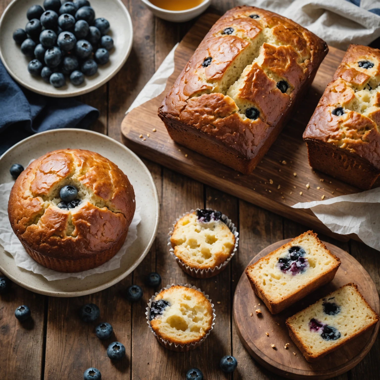 Close-up of a moist, golden quick bread loaf alongside fluffy blueberry muffins with maple glaze on a rustic wooden table in warm natural light.