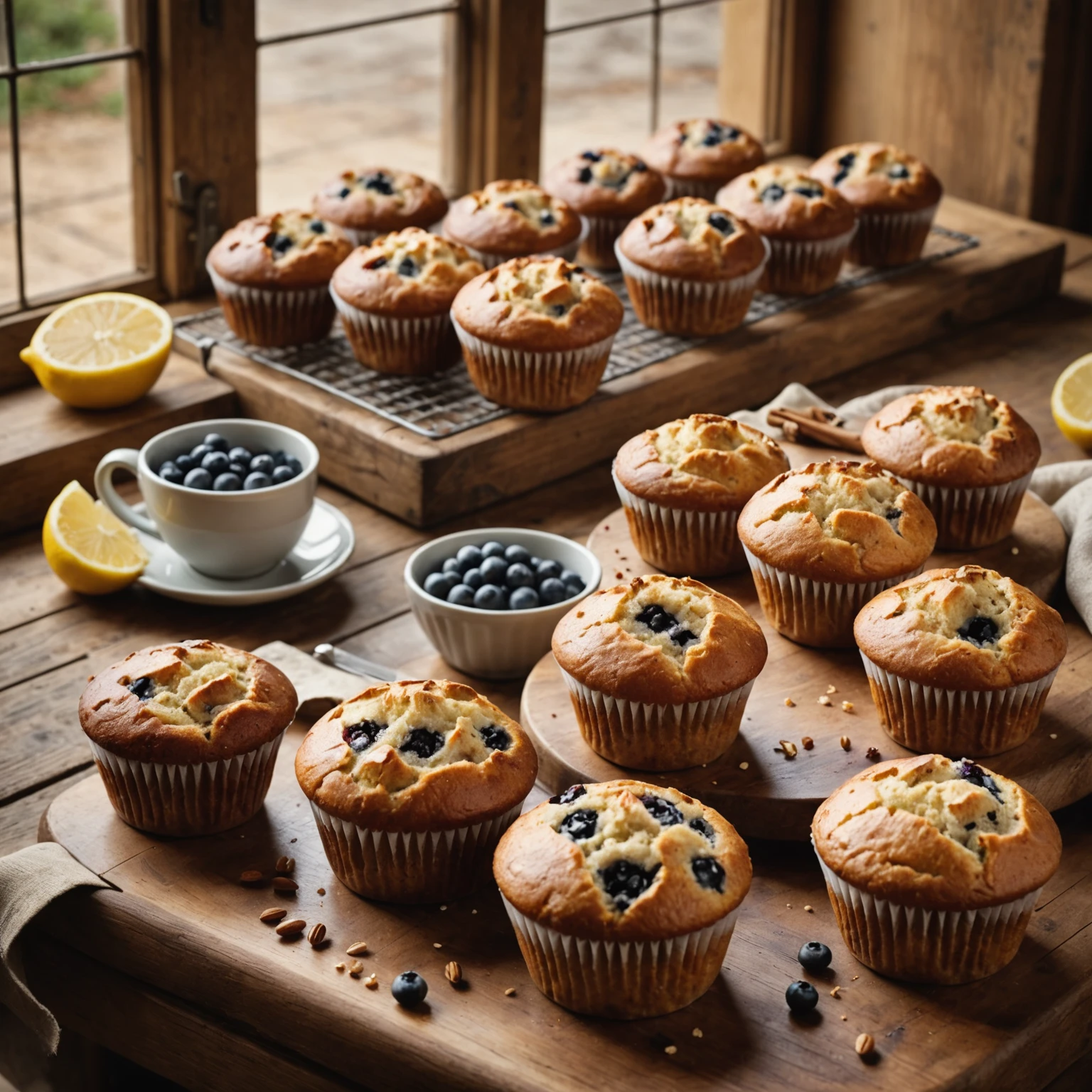 A rustic wooden table displaying an assortment of fresh lemon blueberry muffins with maple glaze and classic cinnamon swirl quick bread, showcasing vibrant and complementary flavor pairings in warm natural light.