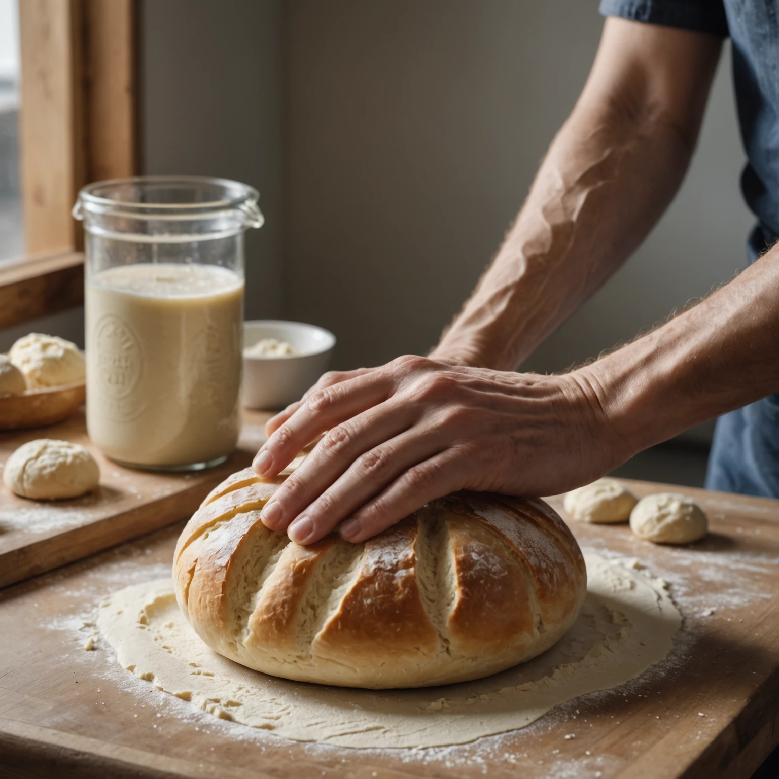 Close-up of hands kneading yeast dough on a floured surface with yeast jar and warm water cup nearby under natural daylight