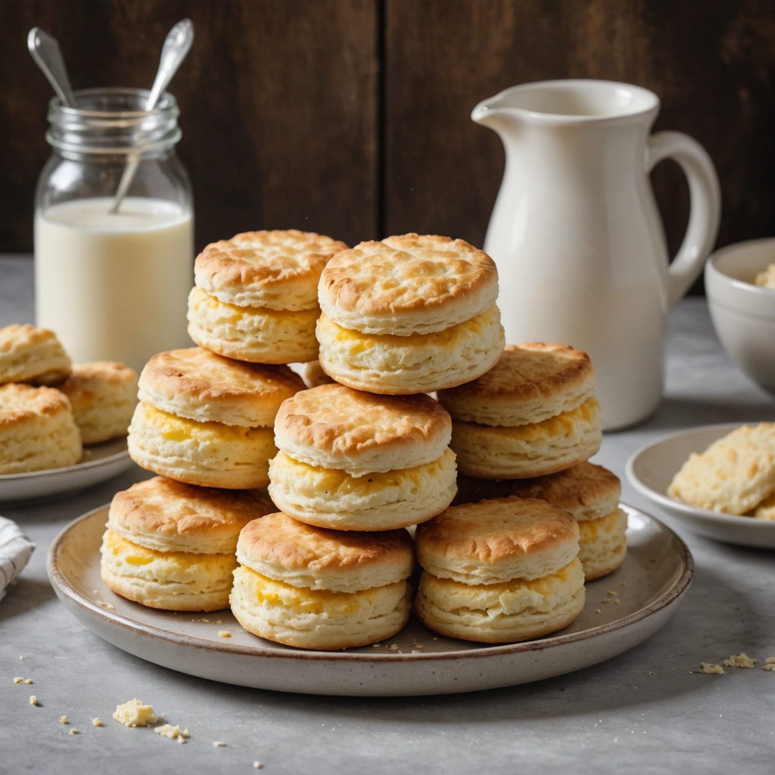 Golden buttermilk biscuits on a rustic plate with bowls of buttermilk, baking soda, and baking powder on a bright kitchen counter