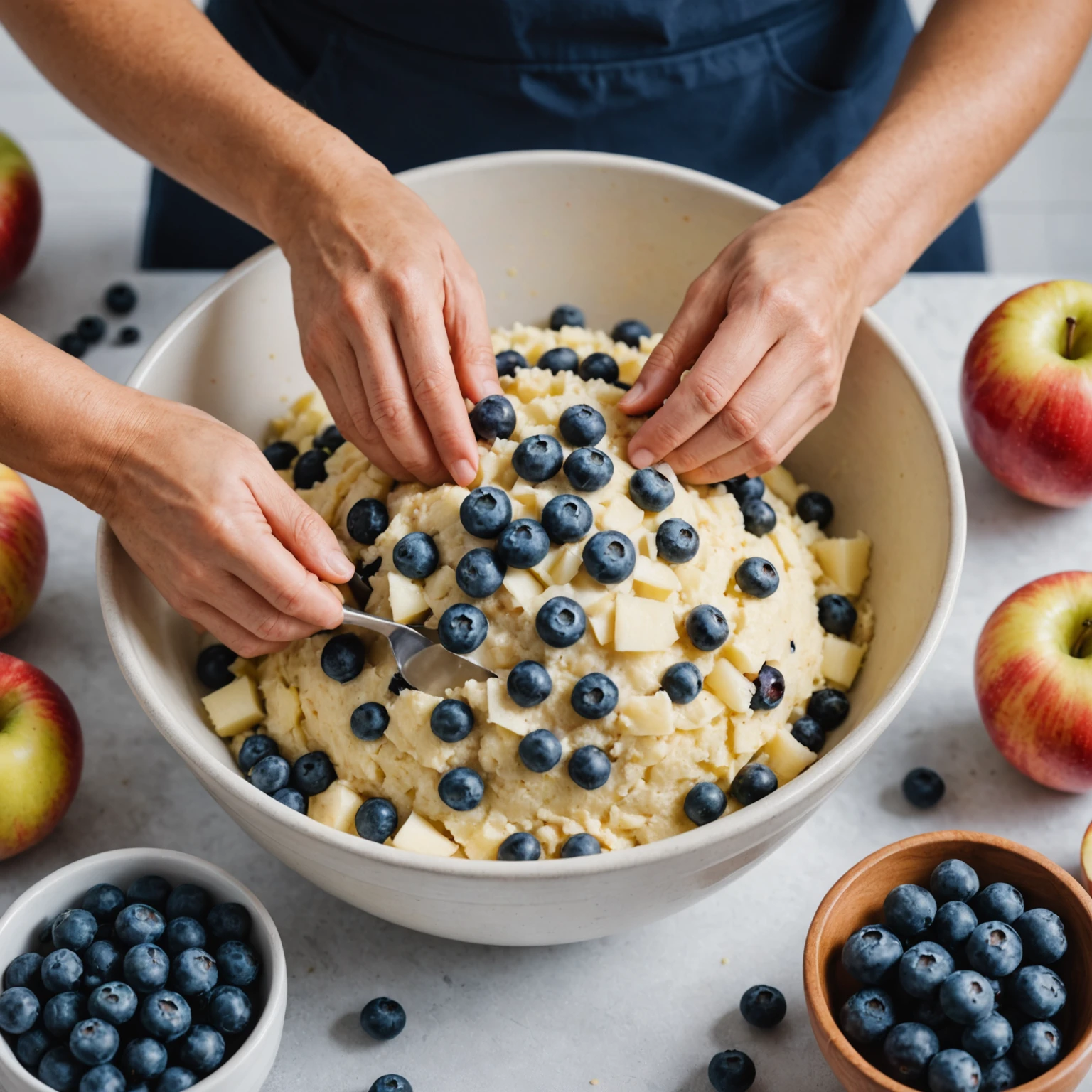 Close-up of muffin batter in a mixing bowl with fresh blueberries and diced apples being gently folded in by hand using a spatula