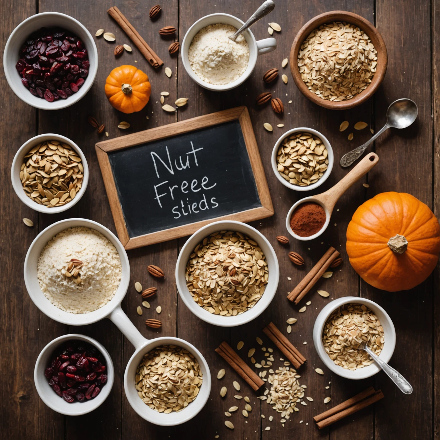 An assortment of nut-free baking ingredients including oat flour, pumpkin seeds, shredded coconut, and dried cranberries displayed on a rustic wooden table with a 'Nut-Free Alternatives' chalkboard sign