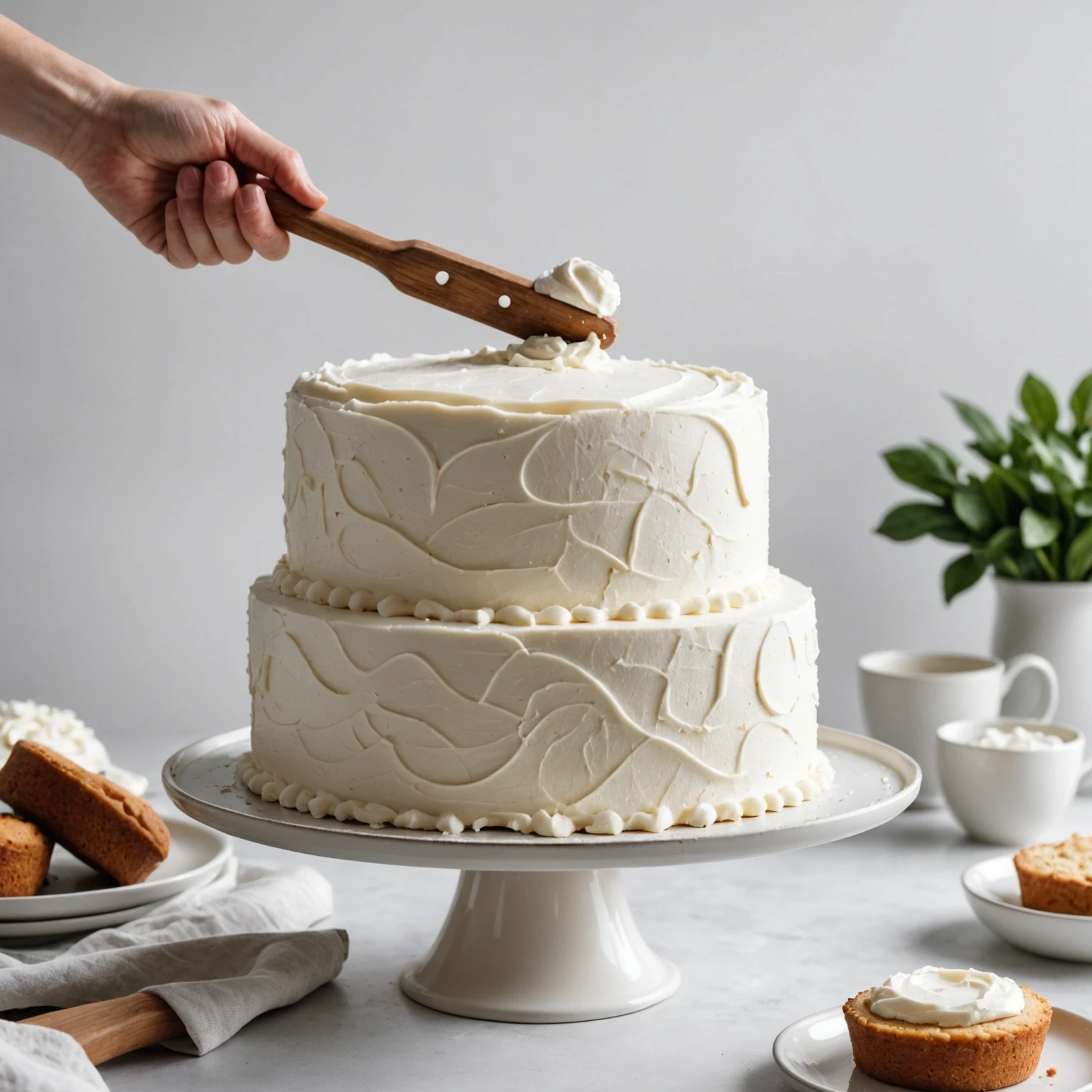 Close-up of a person spreading thick creamy white frosting on a homemade cake with an offset spatula in a bright kitchen