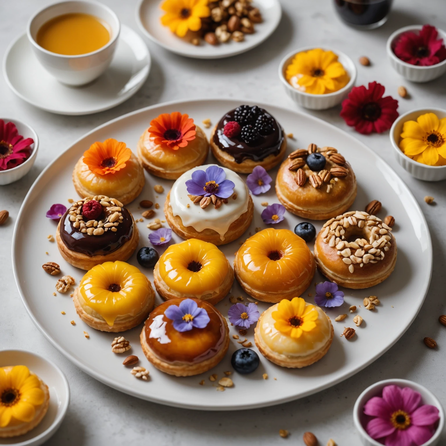 Assorted glazed pastries on a white platter with textured glazes, nuts, and edible flowers arranged elegantly against a soft-focus background