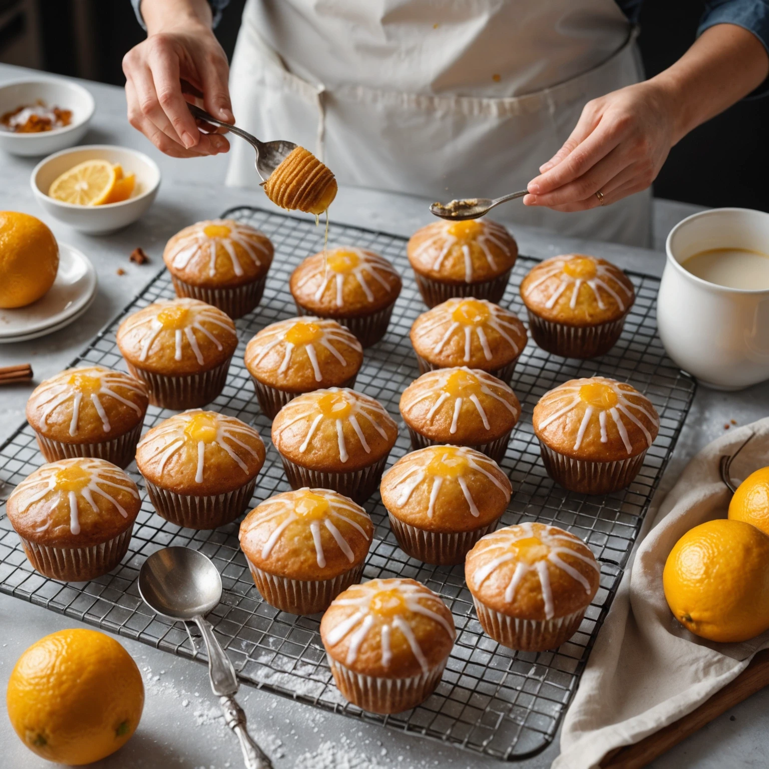 Baker drizzling translucent sugar glaze over warm muffins on a cooling rack with kitchen utensils and fresh ingredients in natural light