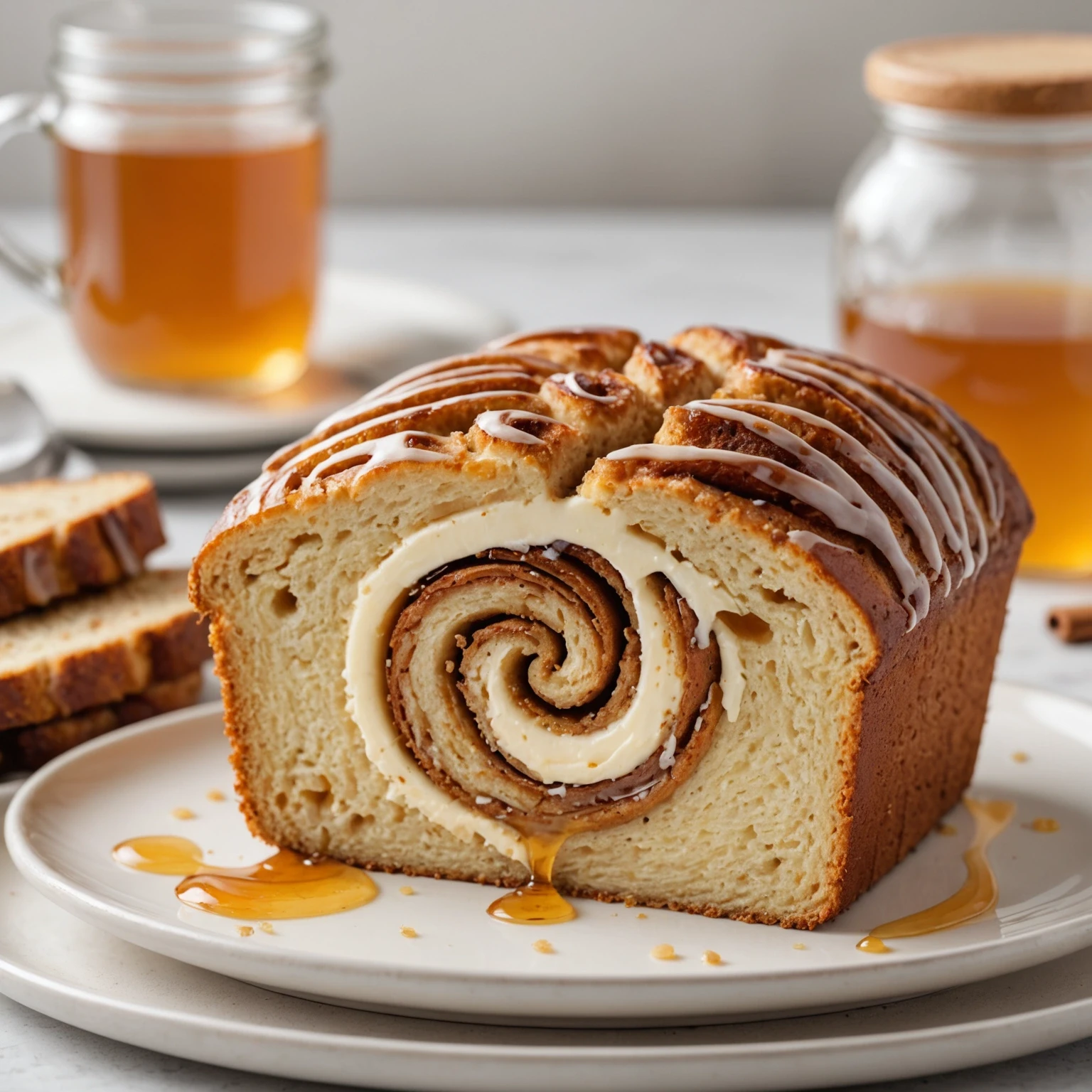 Close-up of toasted cinnamon swirl quick bread slice topped with cream cheese and honey on a white plate