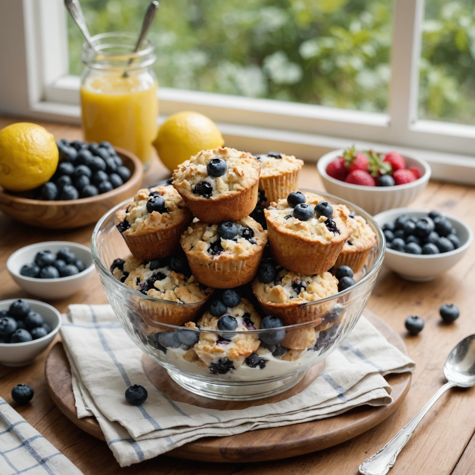 Glass bowl of yogurt topped with crumbled lemon blueberry muffins and fresh berries on a wooden table