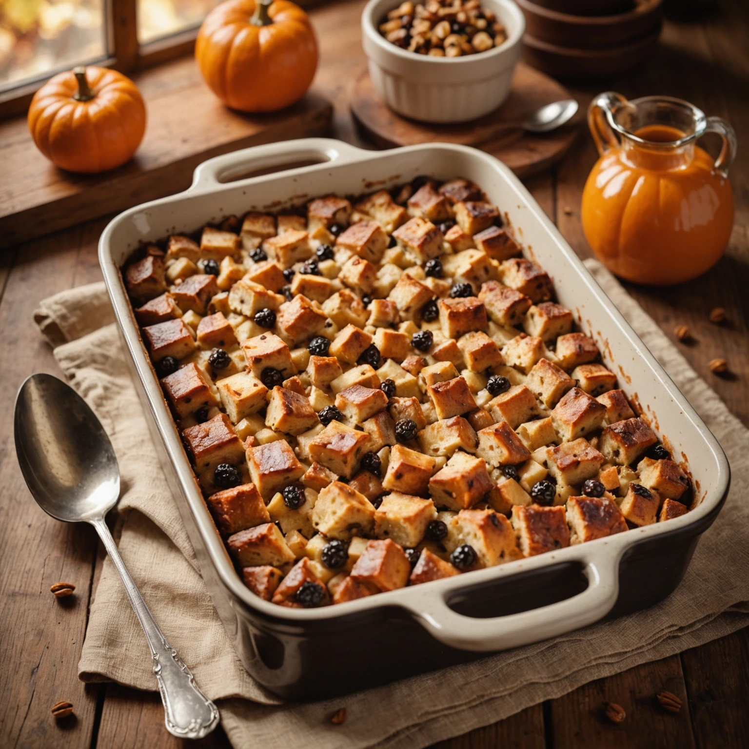 Rustic ceramic dish of golden bread pudding made from leftover quick bread cubes with raisins and cinnamon on wooden table