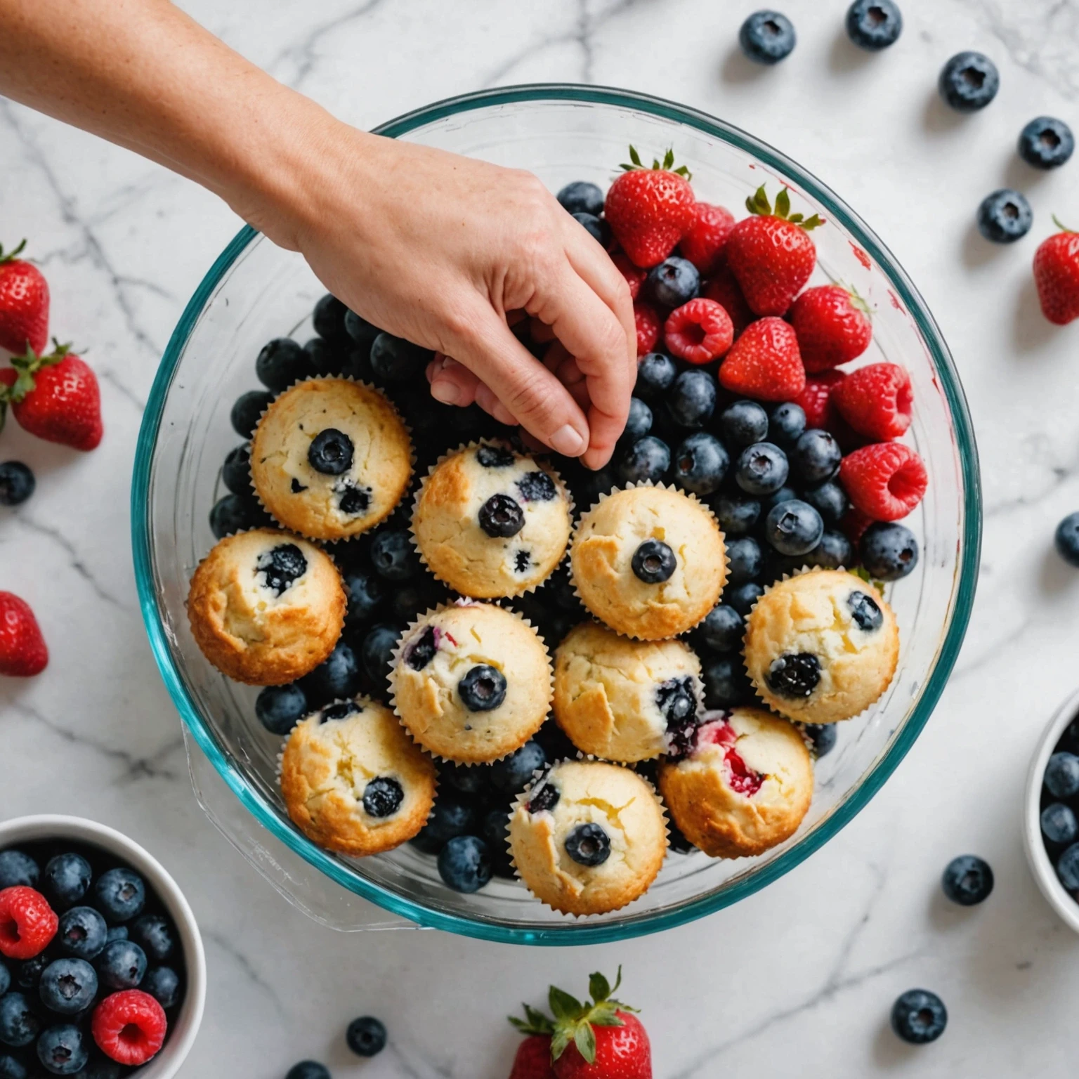 Close-up of fresh chopped berries being folded into muffin batter in a glass bowl, highlighting fresh produce in baking.