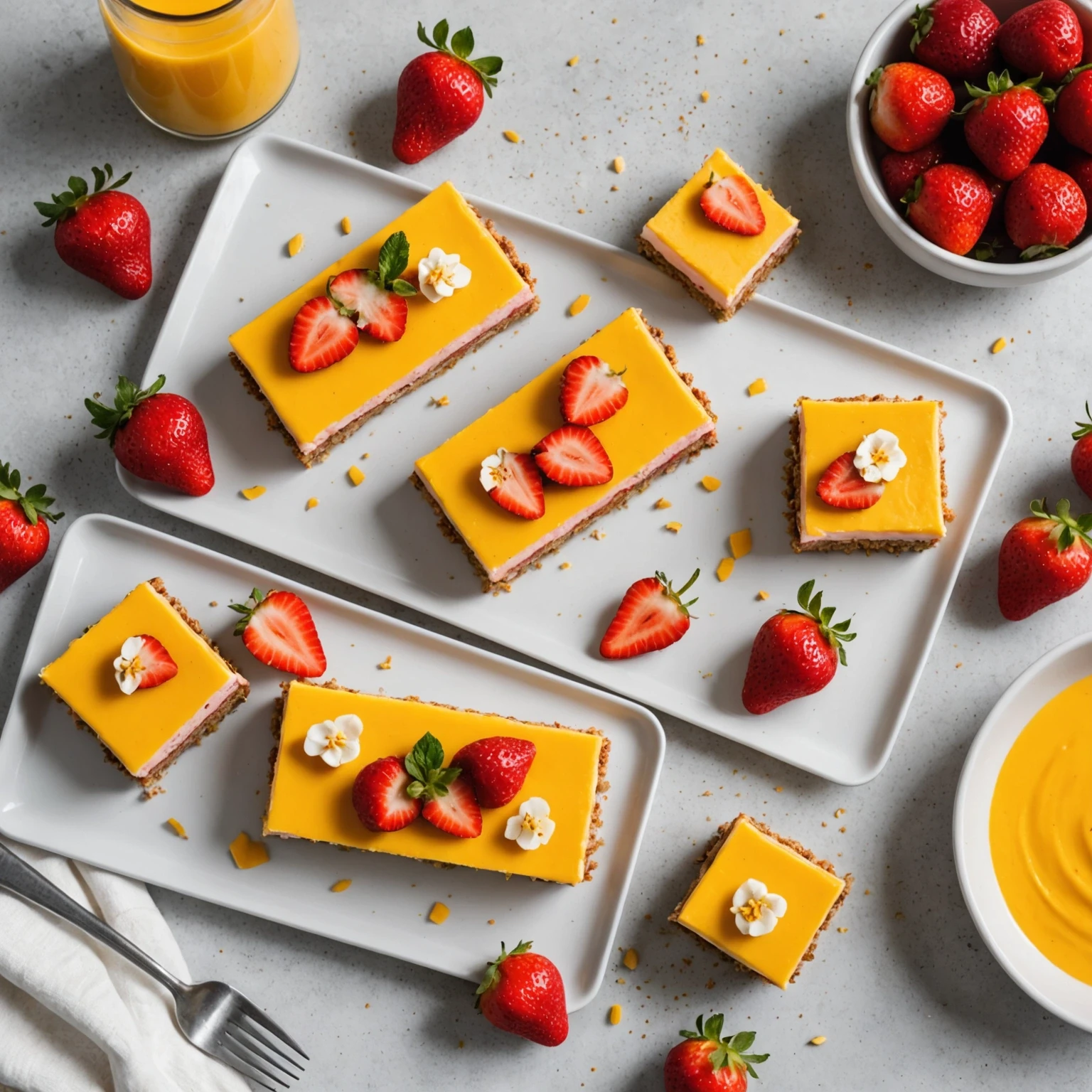 No-bake strawberry cheesecake bars and mango coconut chia pudding tart on a white platter garnished with fresh fruit, showcasing easy seasonal desserts.
