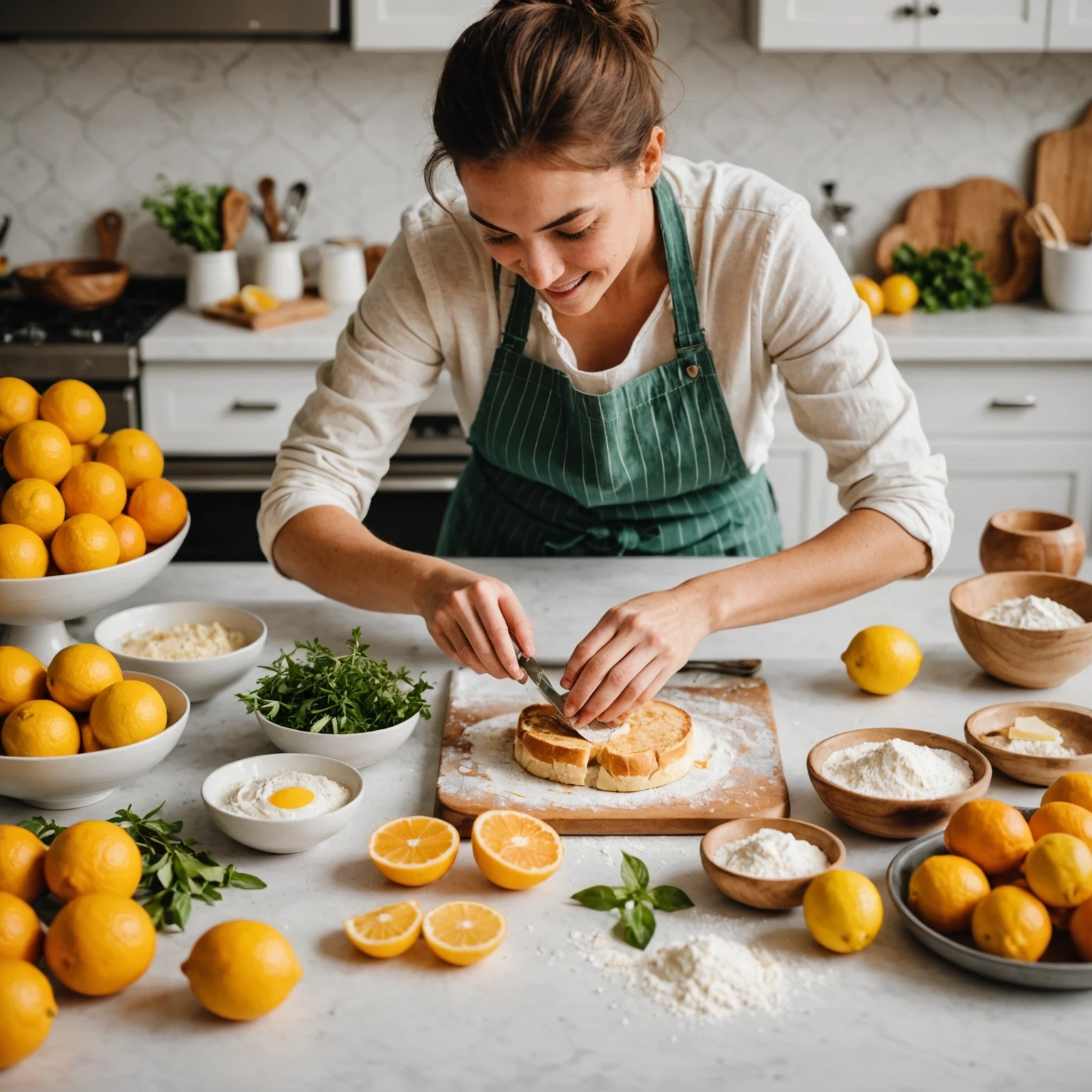 Novice baker preparing sliced citrus fruits and fresh herbs in a bright kitchen, with baking ingredients around, illustrating seasonal ingredient selection and preparation.