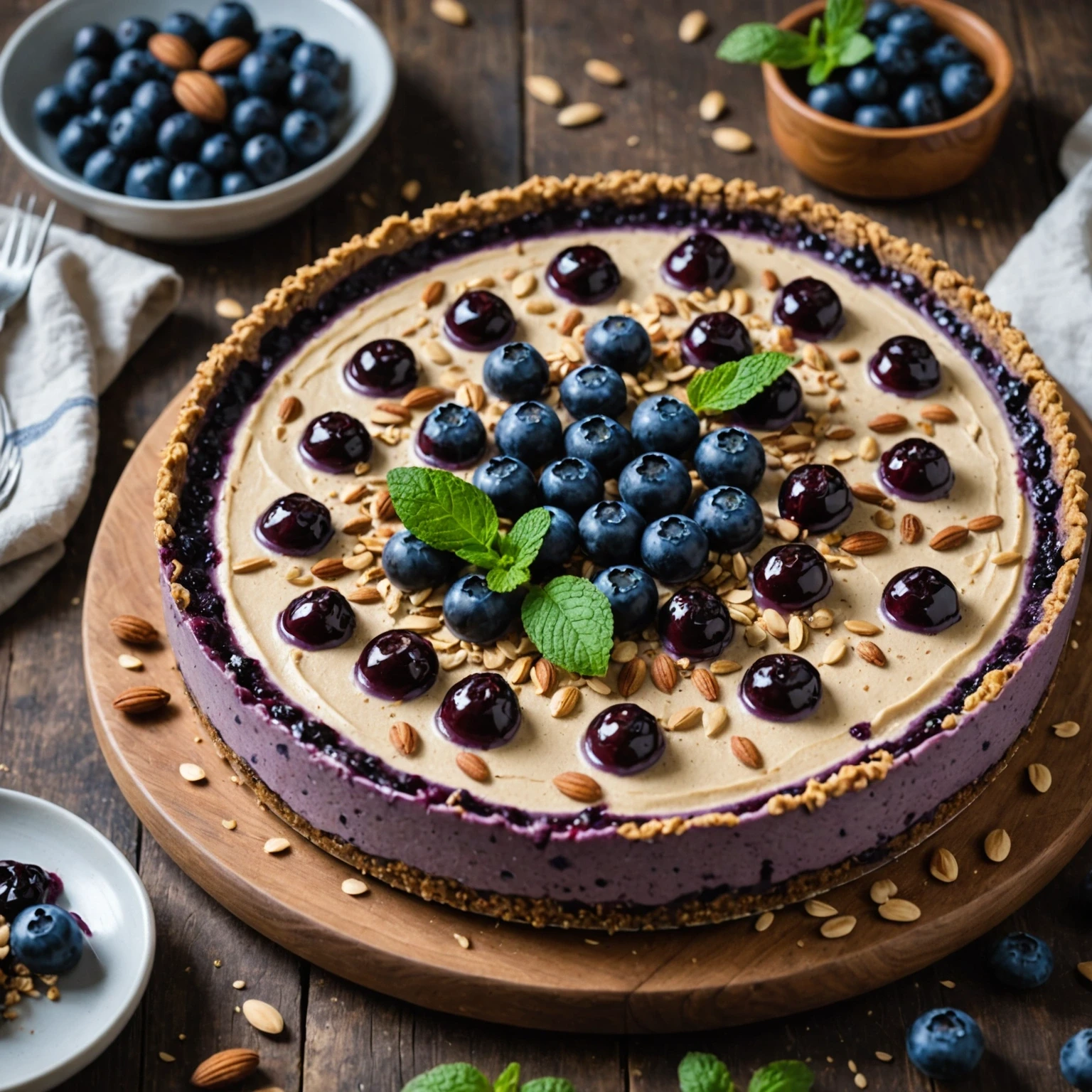 Easy No-Bake Vegan Blueberry Cashew Cheesecake with Almond Date Crust